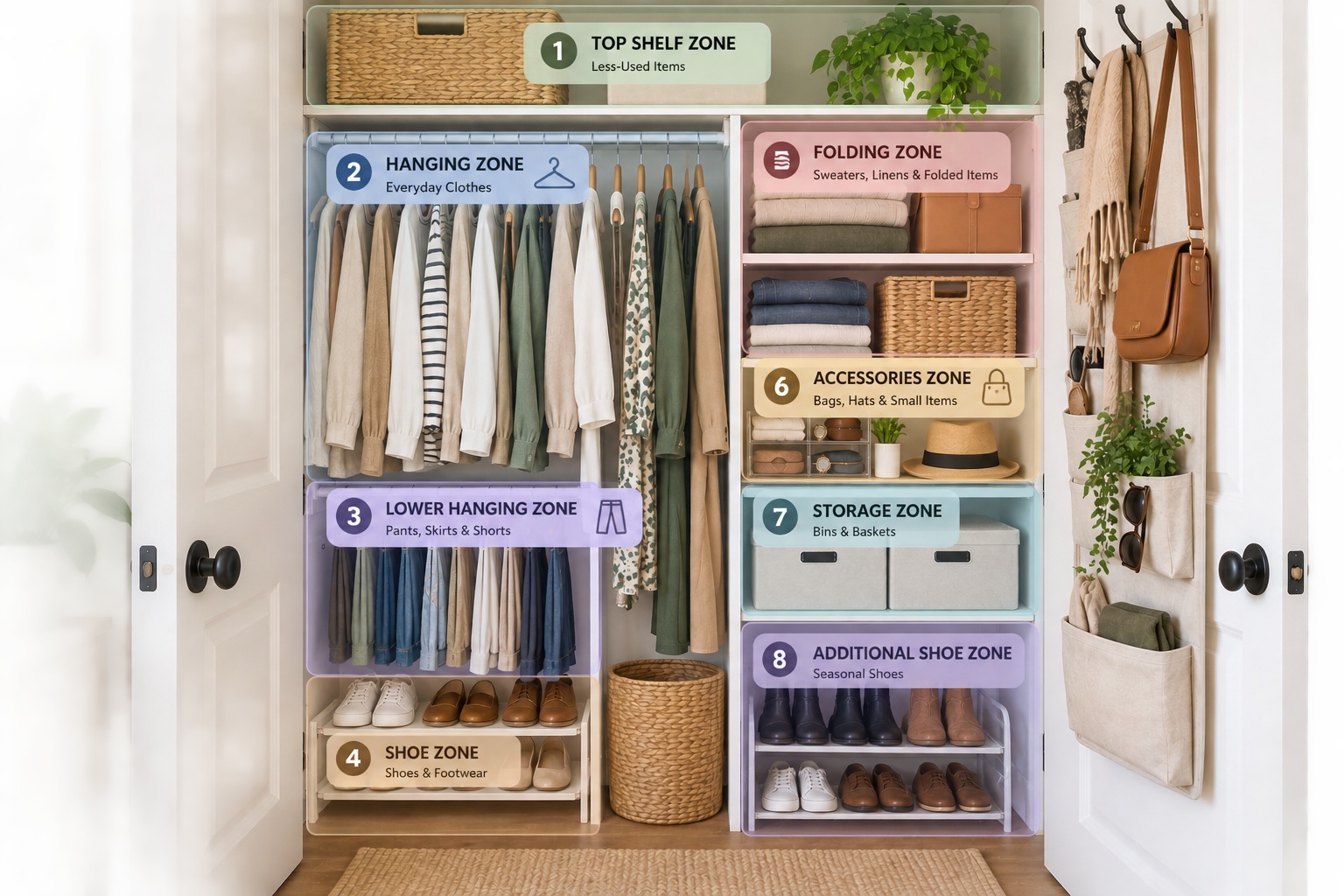 Small closet organized into separate zones for hanging clothes, folded items, shoes, and accessories