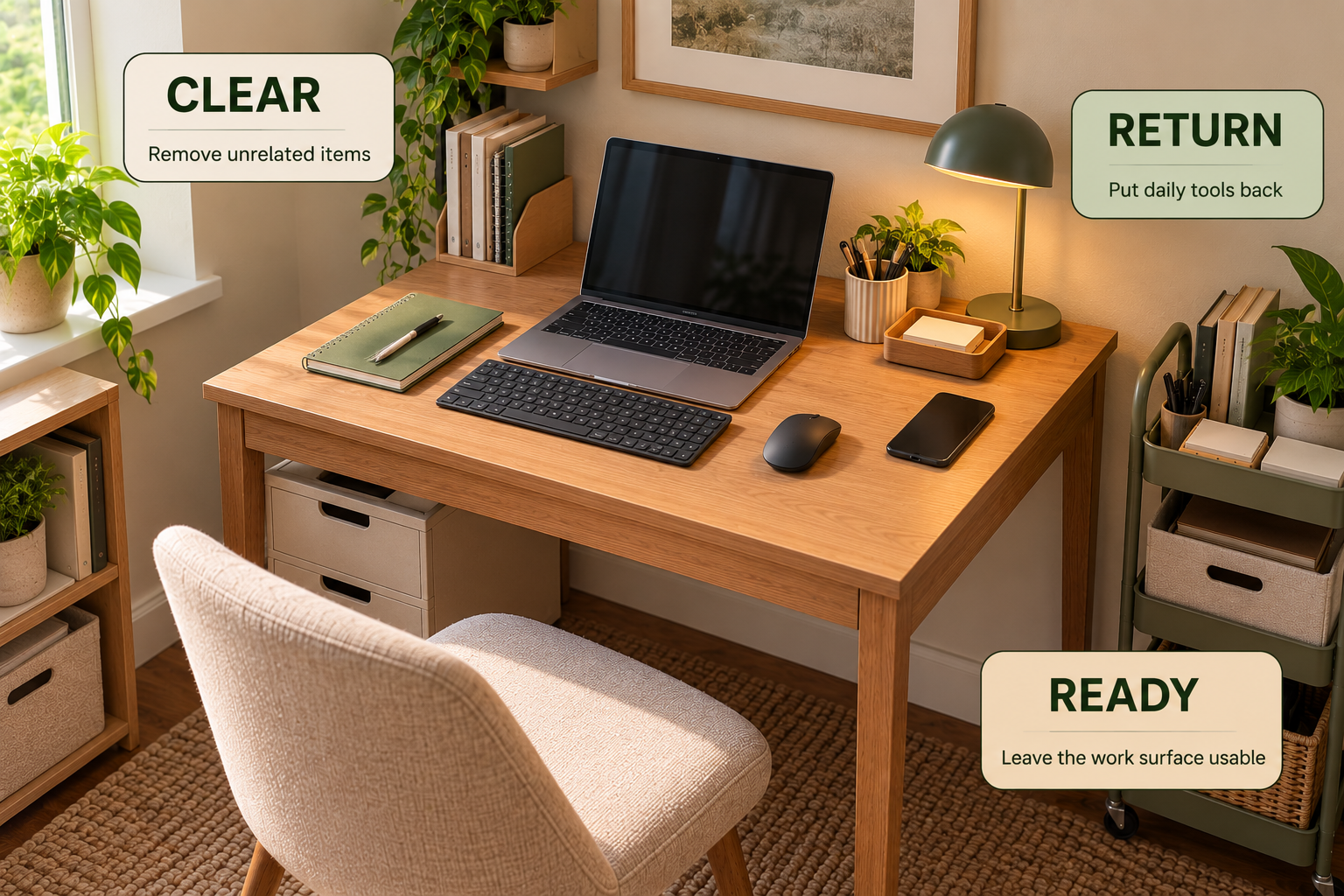 Organized small desk after a daily reset with only essential work items on the surface and storage returned to assigned locations