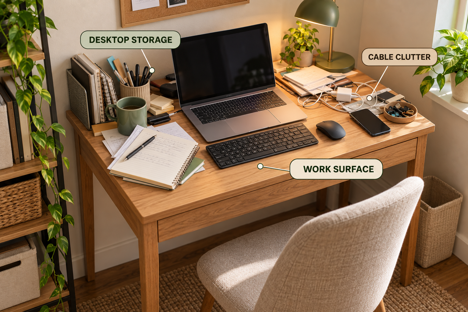 Small desk crowded with a monitor, papers, cables, stationery, and loose items competing for limited workspace