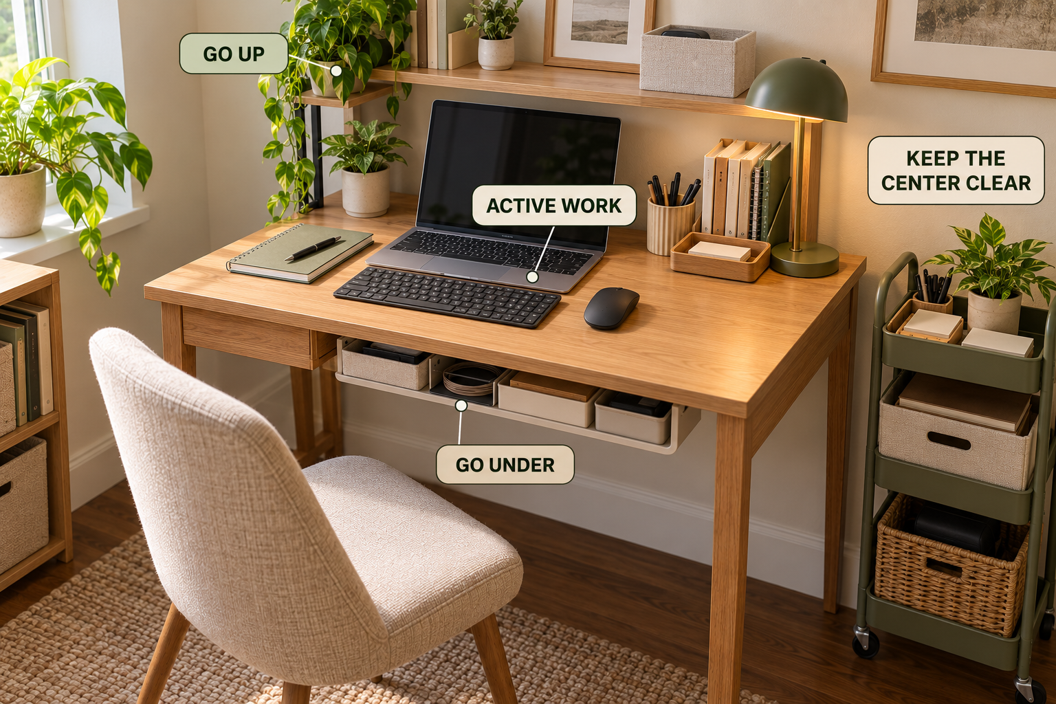 Small desk organized into an active work zone with vertical, beside-desk, and under-desk storage keeping the surface clear