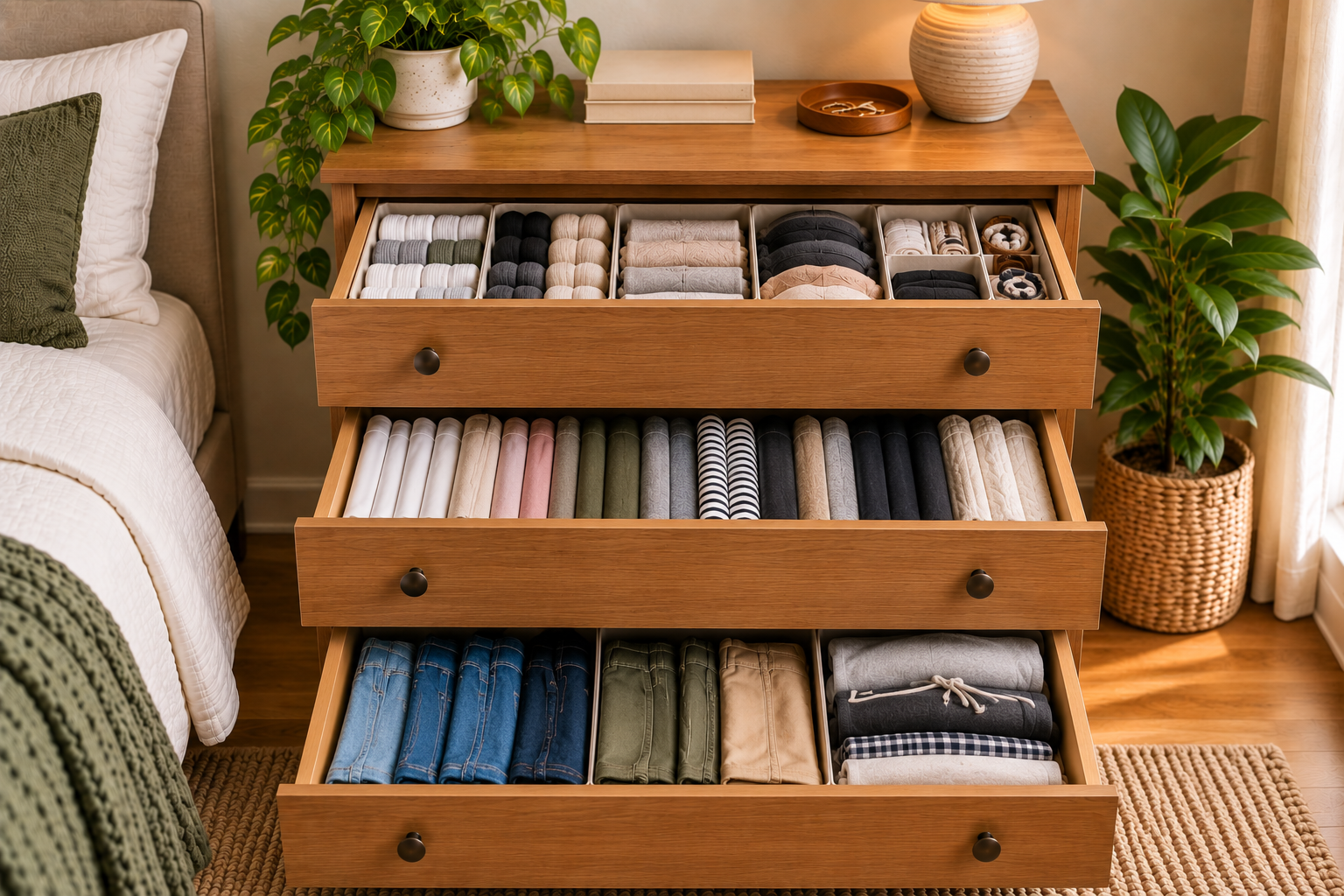 Small dresser drawers assigned to separate everyday clothing categories