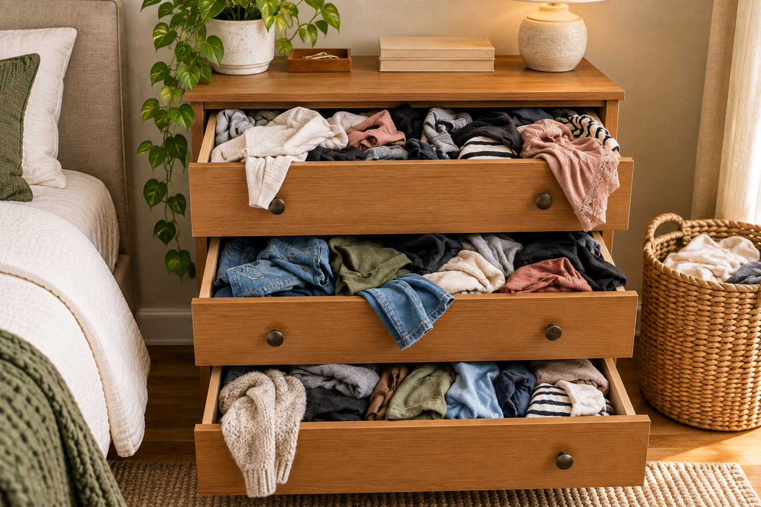 Small dresser overcrowded with mixed clothing and limited drawer space