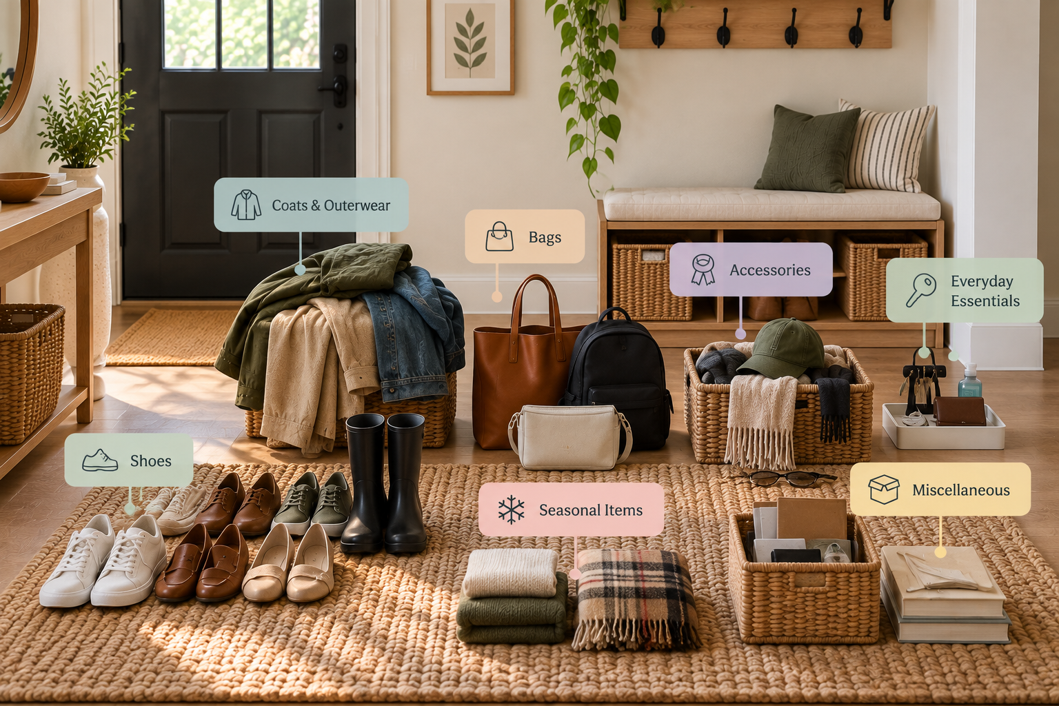 Small entryway items grouped into coats, bags, accessories, everyday essentials, shoes, seasonal items, and miscellaneous items