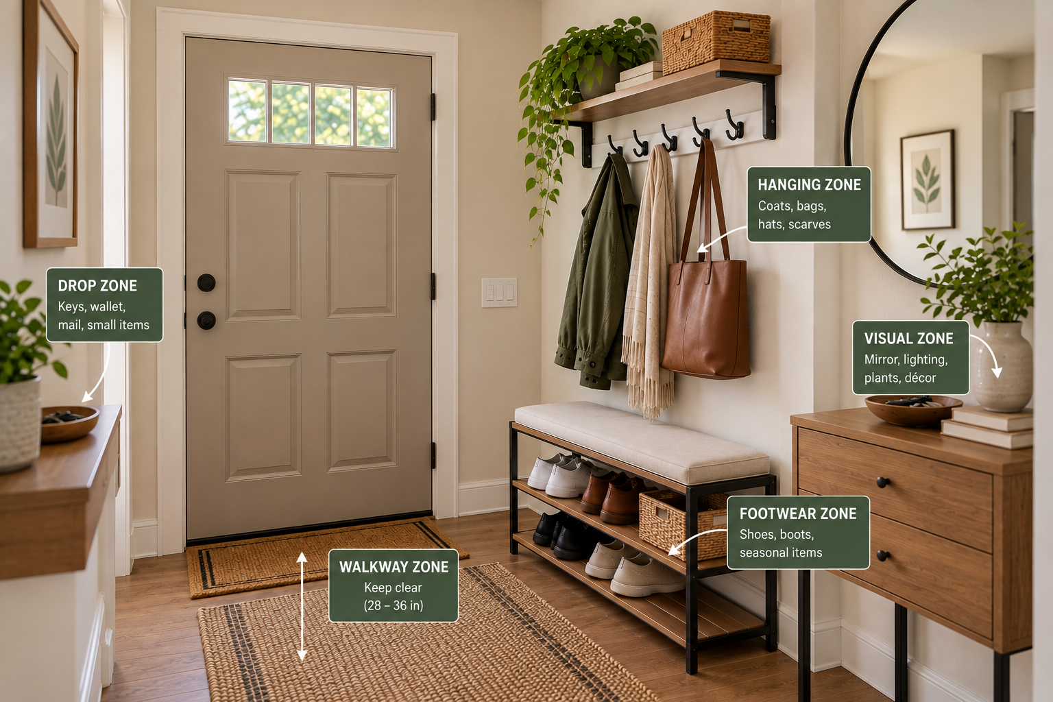 Four functional zones for organizing a small entryway without a closet