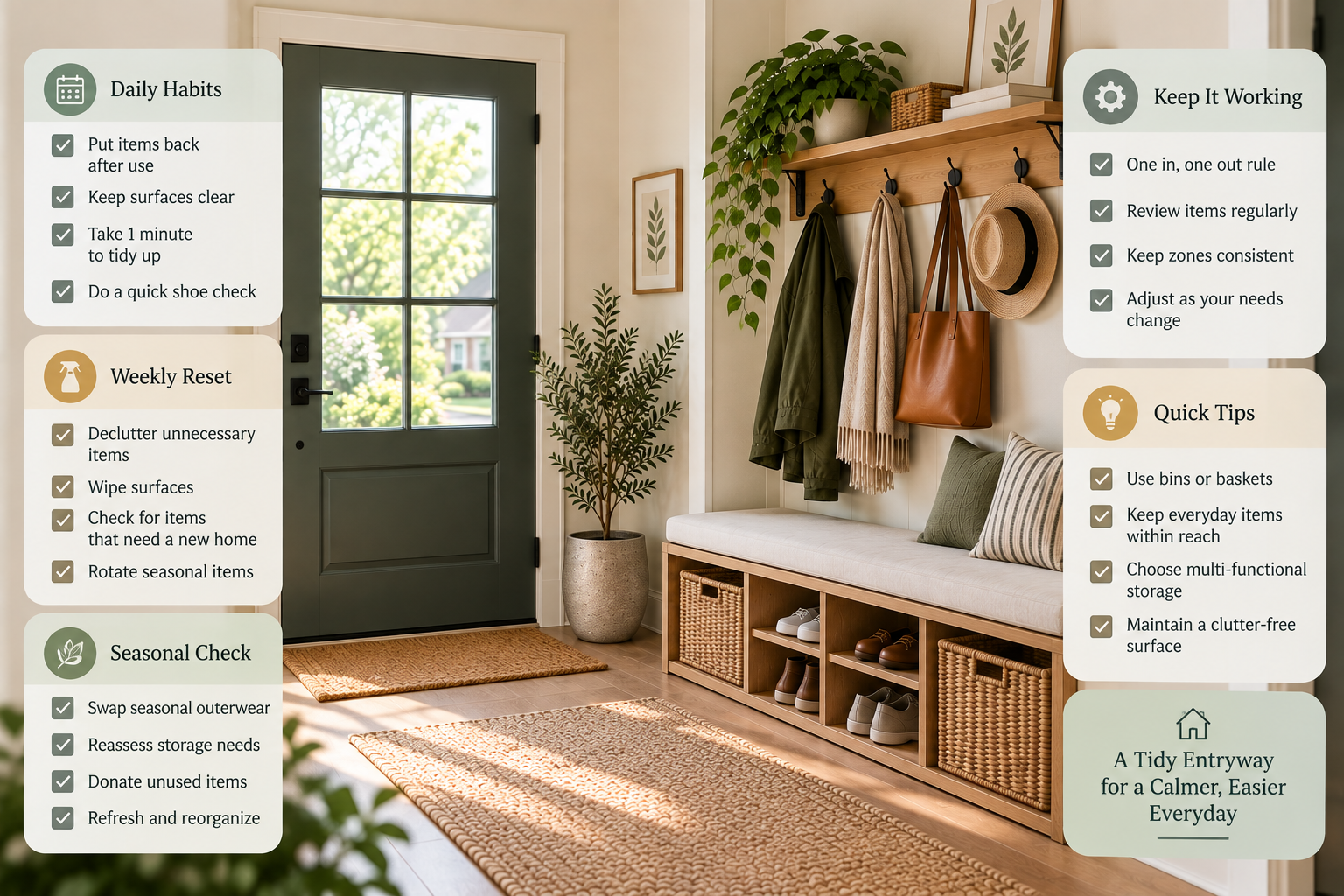 Small entryway maintenance system with daily, weekly, and seasonal organization routines