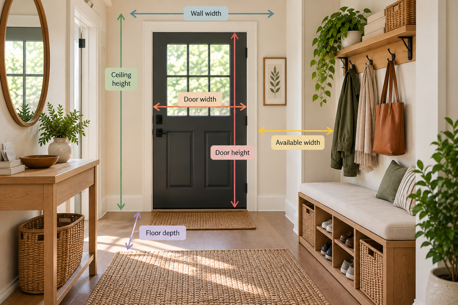 Small entryway showing where to measure wall width, door height, available width, ceiling height, and floor depth