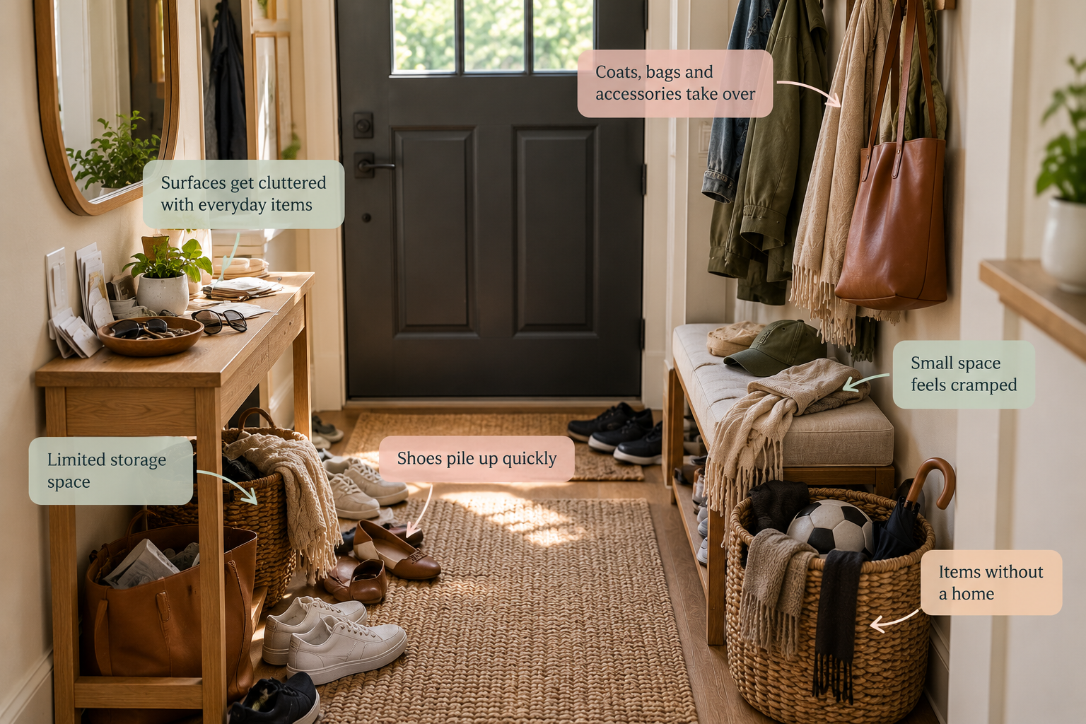 Common small entryway problems including shoe clutter, limited storage, crowded surfaces, and misplaced items