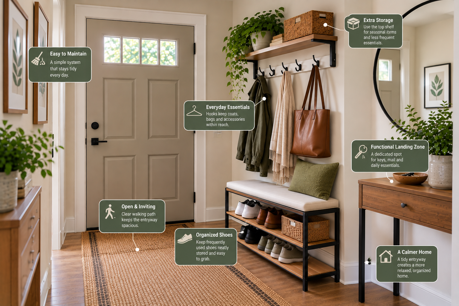 Small entryway reset routine showing how to maintain coat shoe bag and landing zones