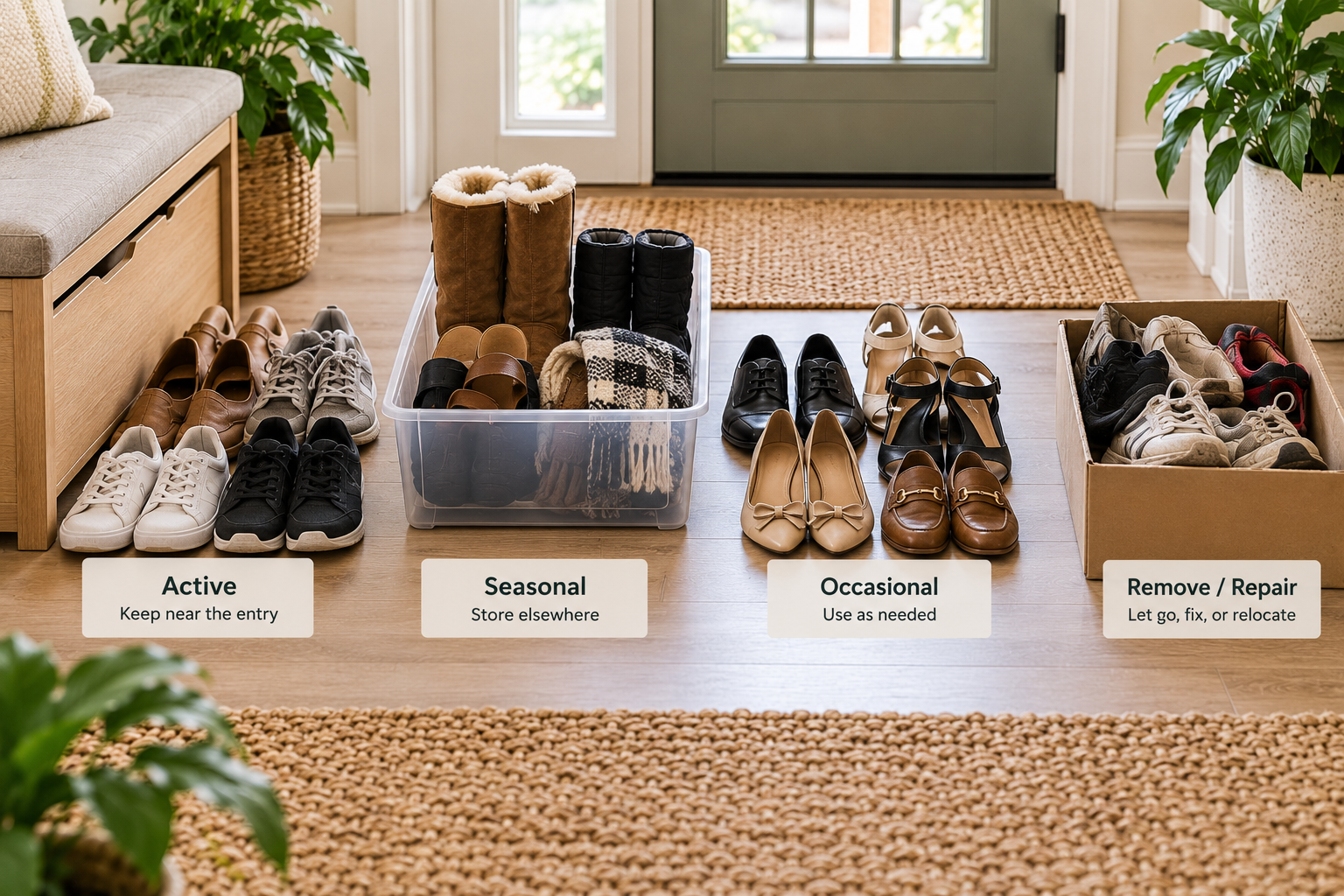 Shoes sorted into active, seasonal, occasional, and remove or repair categories in a small entryway