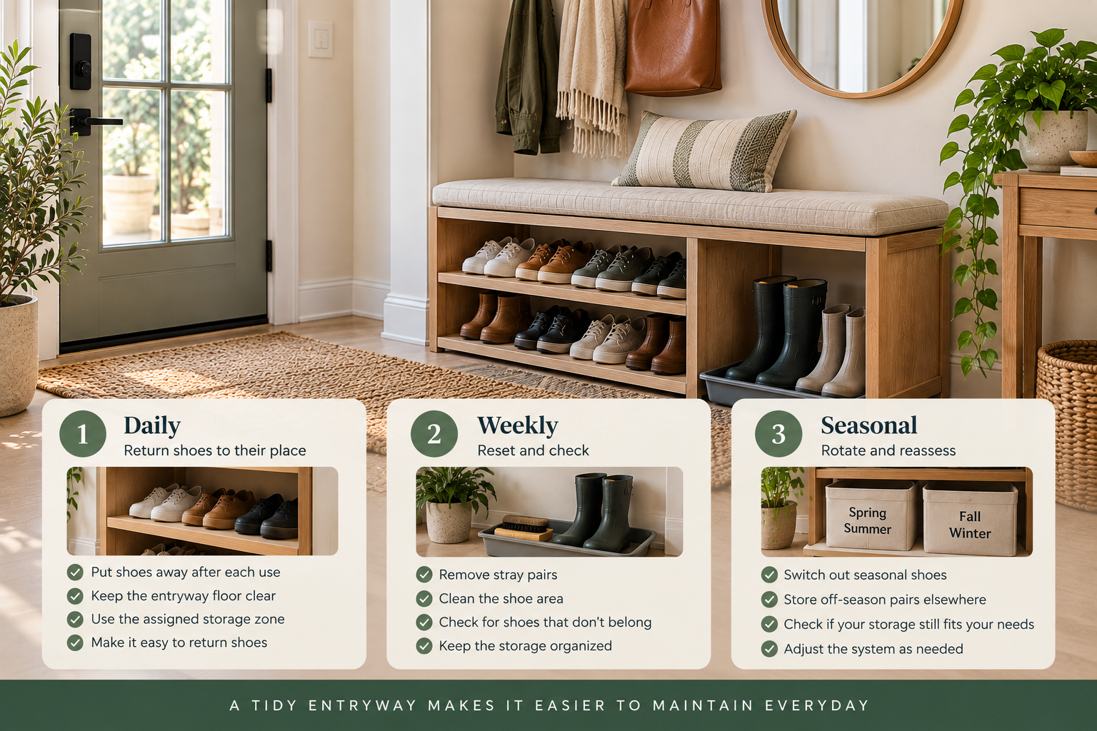 Small entryway shoe organization maintenance system showing daily, weekly, and seasonal routines