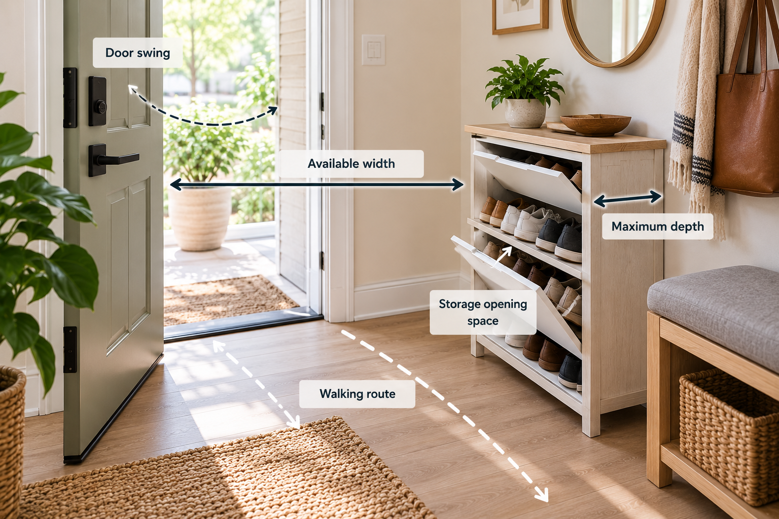 Small entryway shoe storage area showing available width, maximum depth, door swing, storage opening space, and walking route