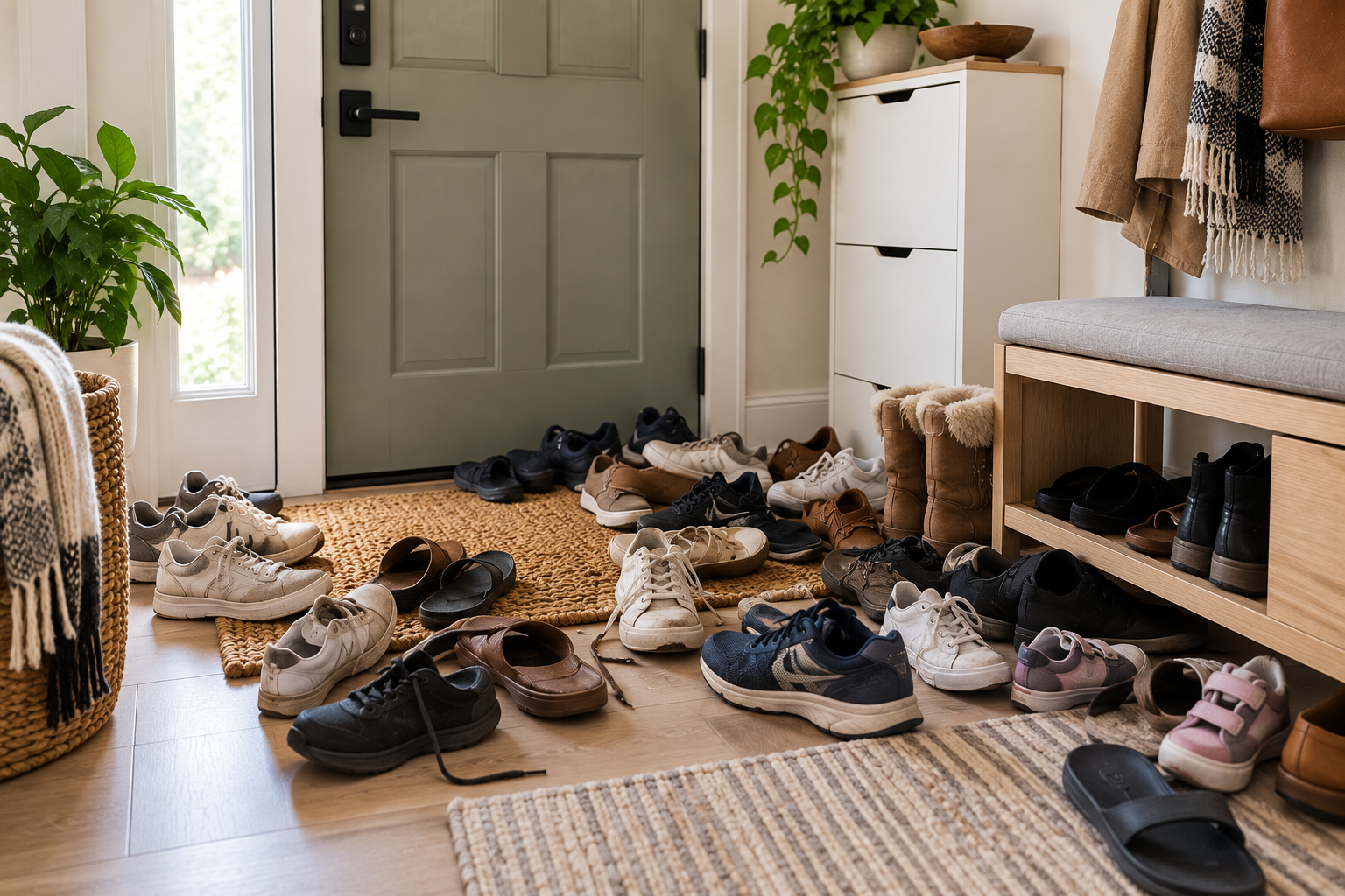 Shoes scattered across the floor of a small entryway, creating clutter and blocking the usable space