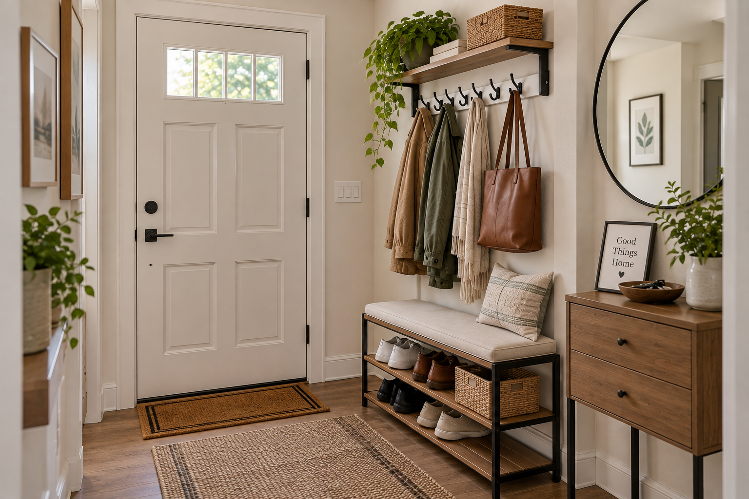 Organized small entryway without a closet with defined storage zones and clear walking space