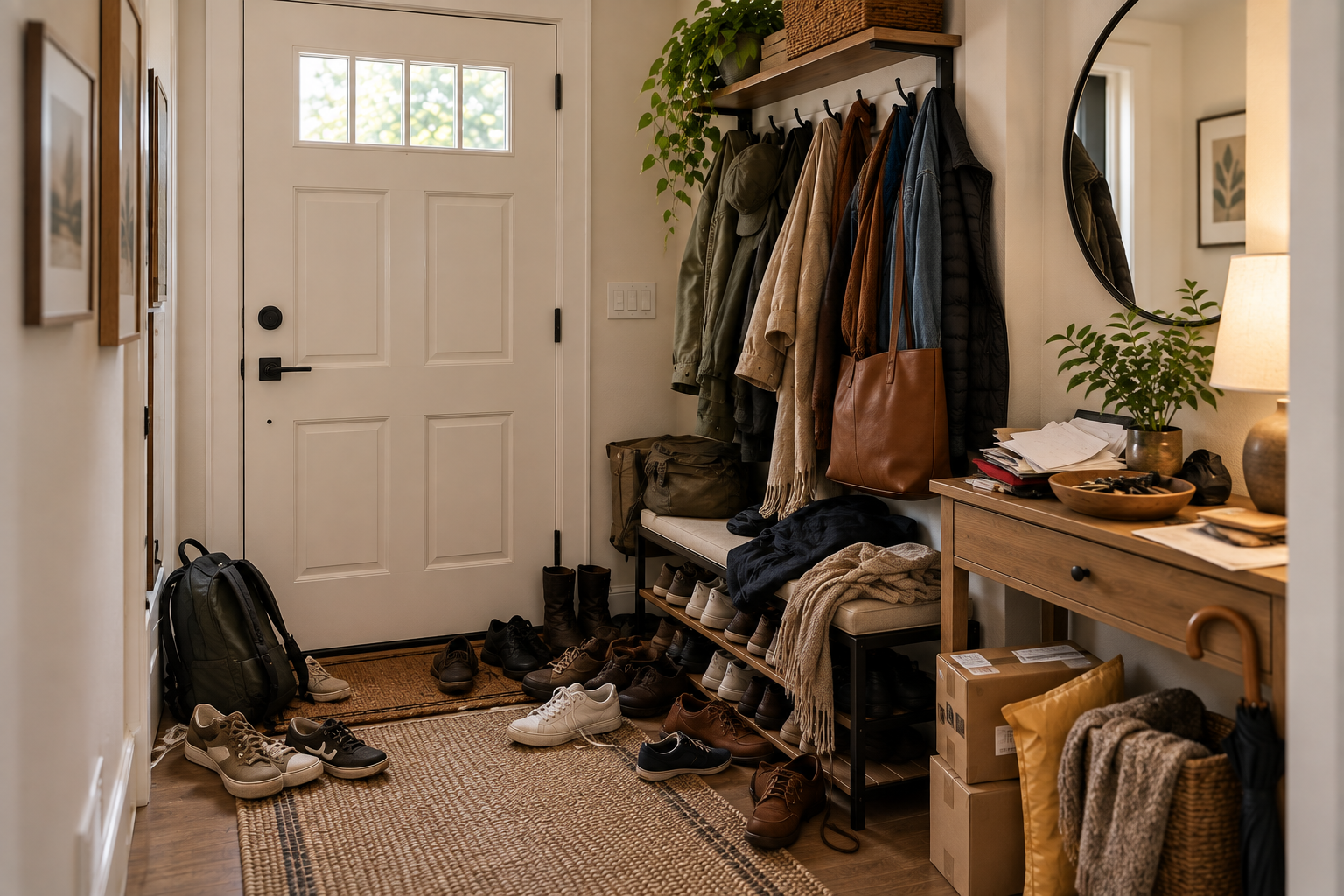 Cluttered small entryway without a closet showing shoes coats bags and reduced walking space