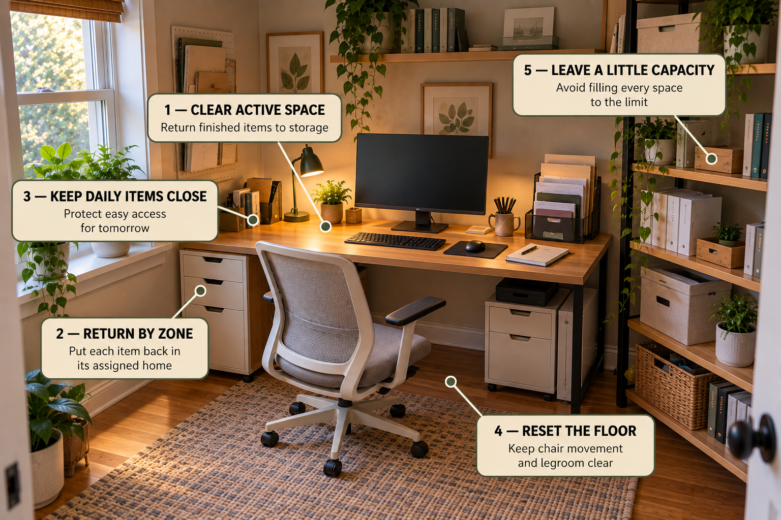 Organized small home office arranged for easy retrieval and a simple end-of-day reset