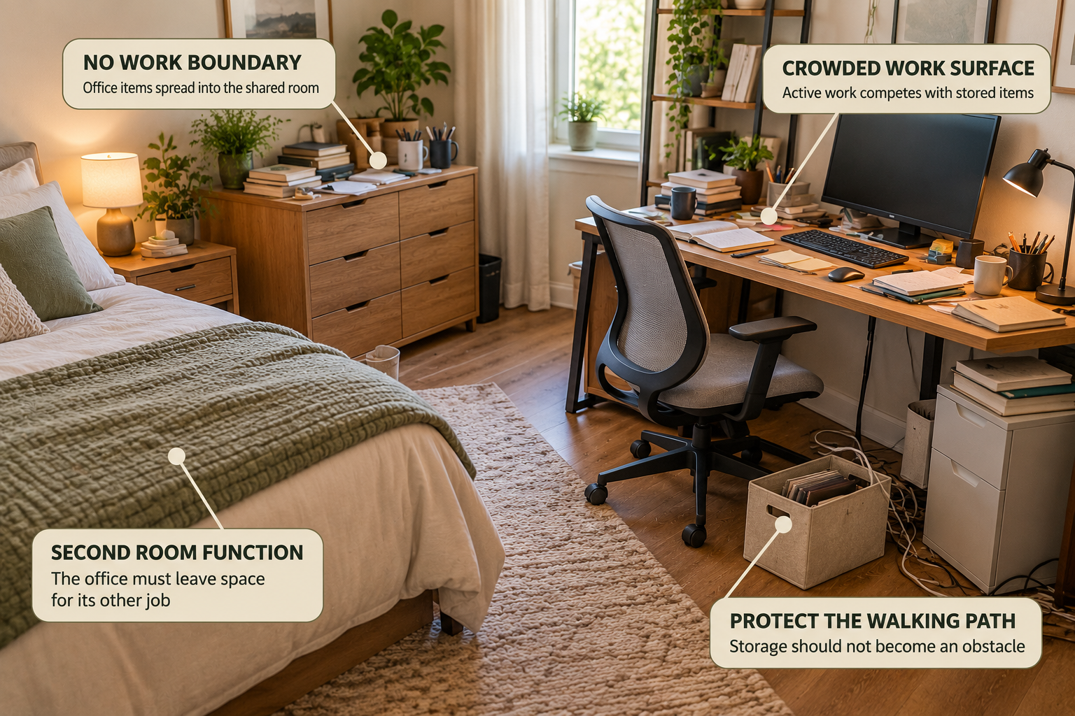 Shared room showing a home office spreading into walking space and competing with the room’s other function