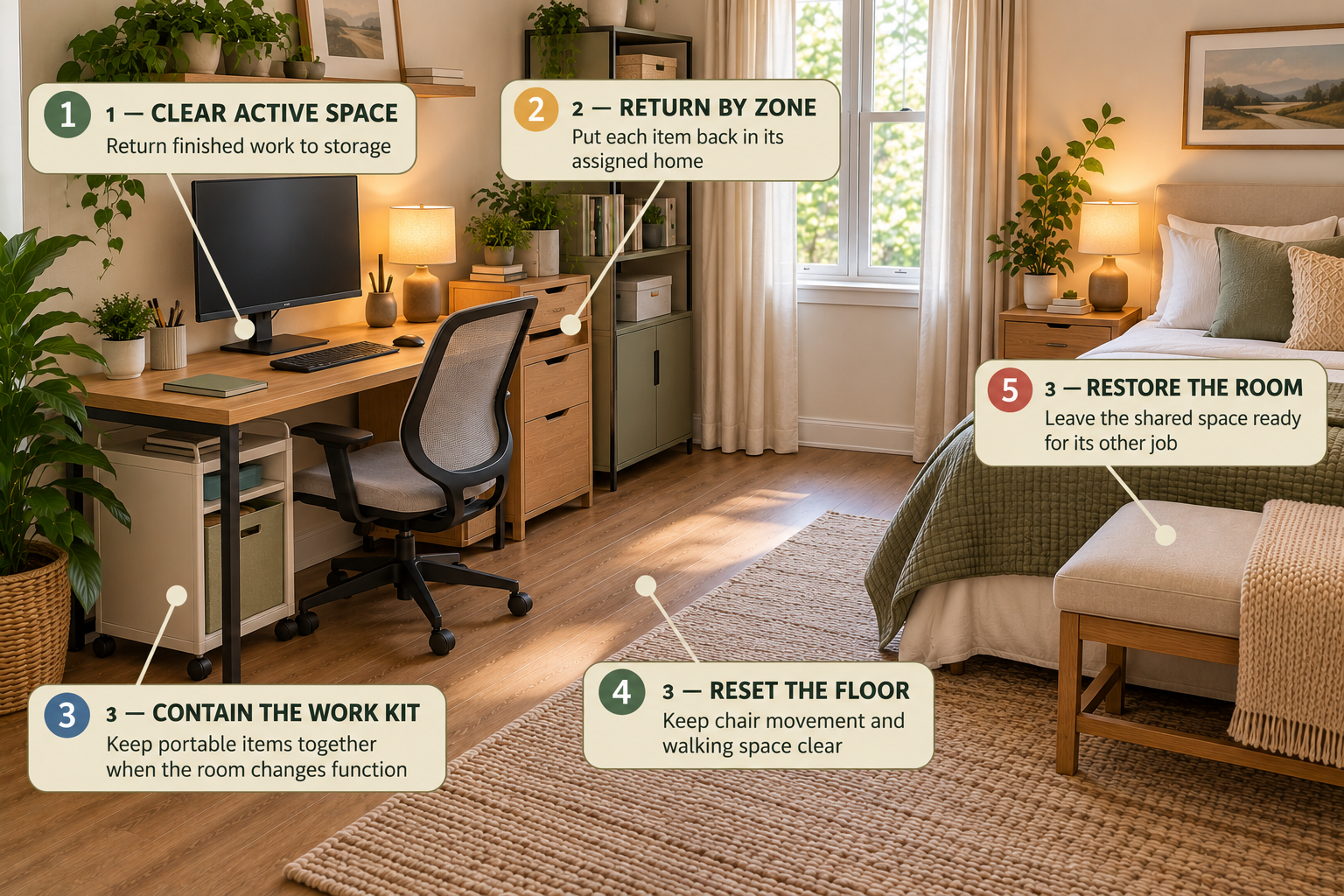 Shared-room home office reset system showing work items returned to storage and the room restored to its other function