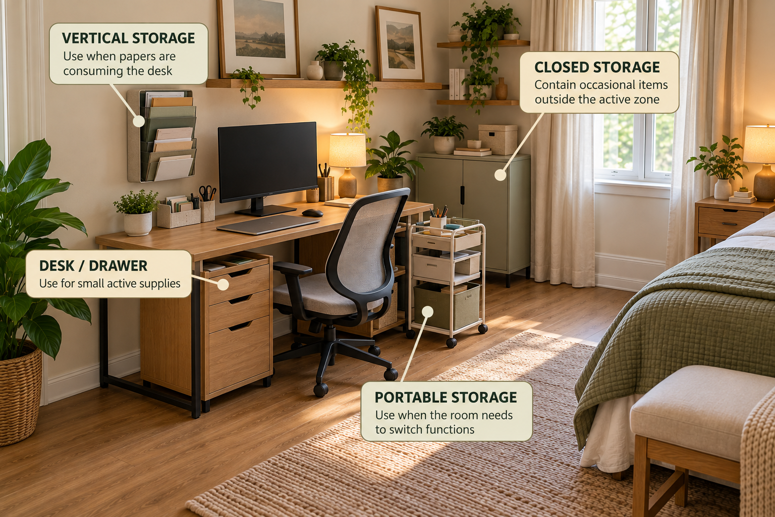 Small shared-room office showing compact, portable, vertical, and closed storage matched to different space constraints