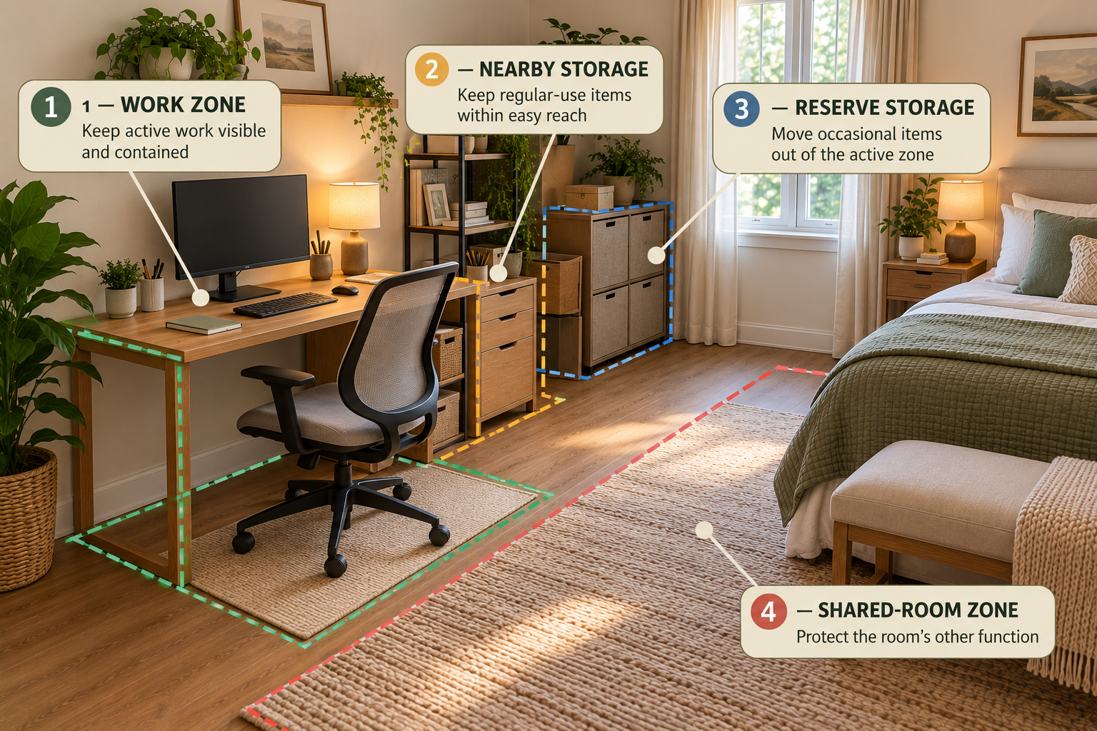 Small home office in a shared room divided into work, nearby storage, reserve storage, and shared-room zones