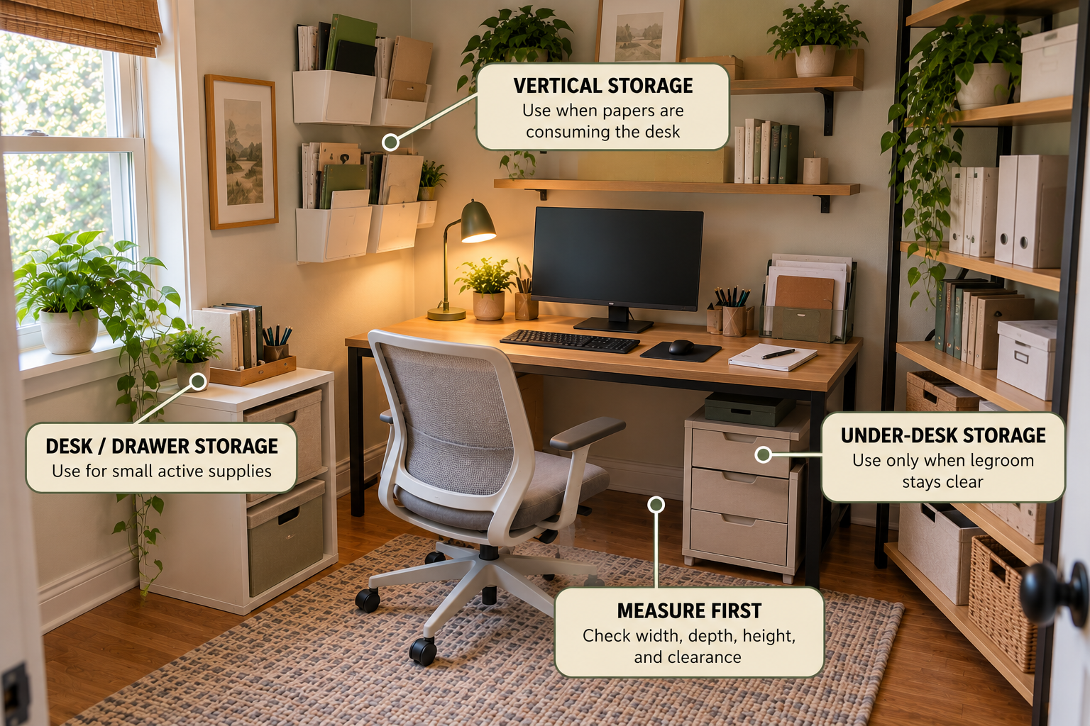 Small home office showing different storage methods matched to desk, wall, and under-desk space