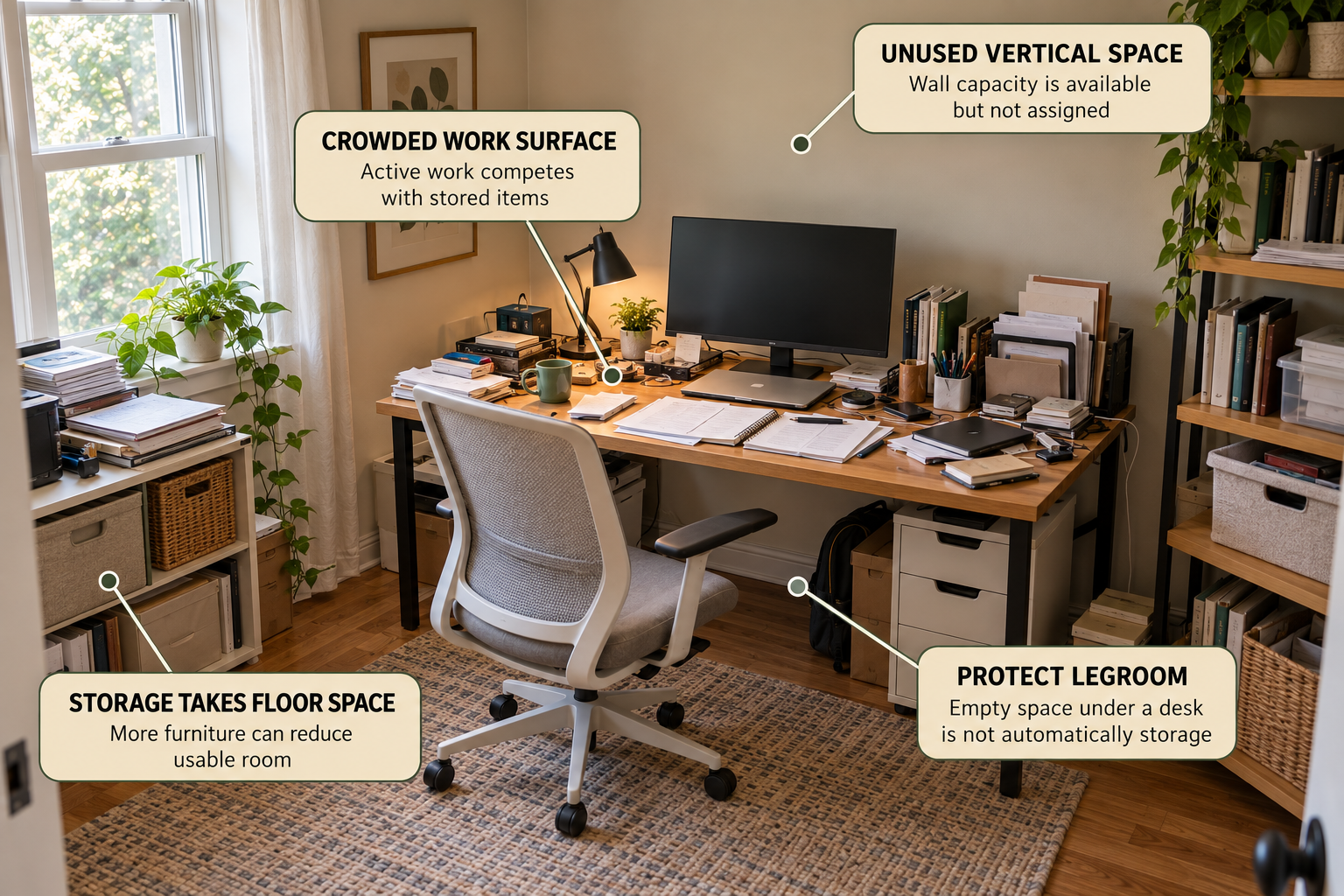 Small home office showing desk clutter, unused vertical space, and storage competing with working space