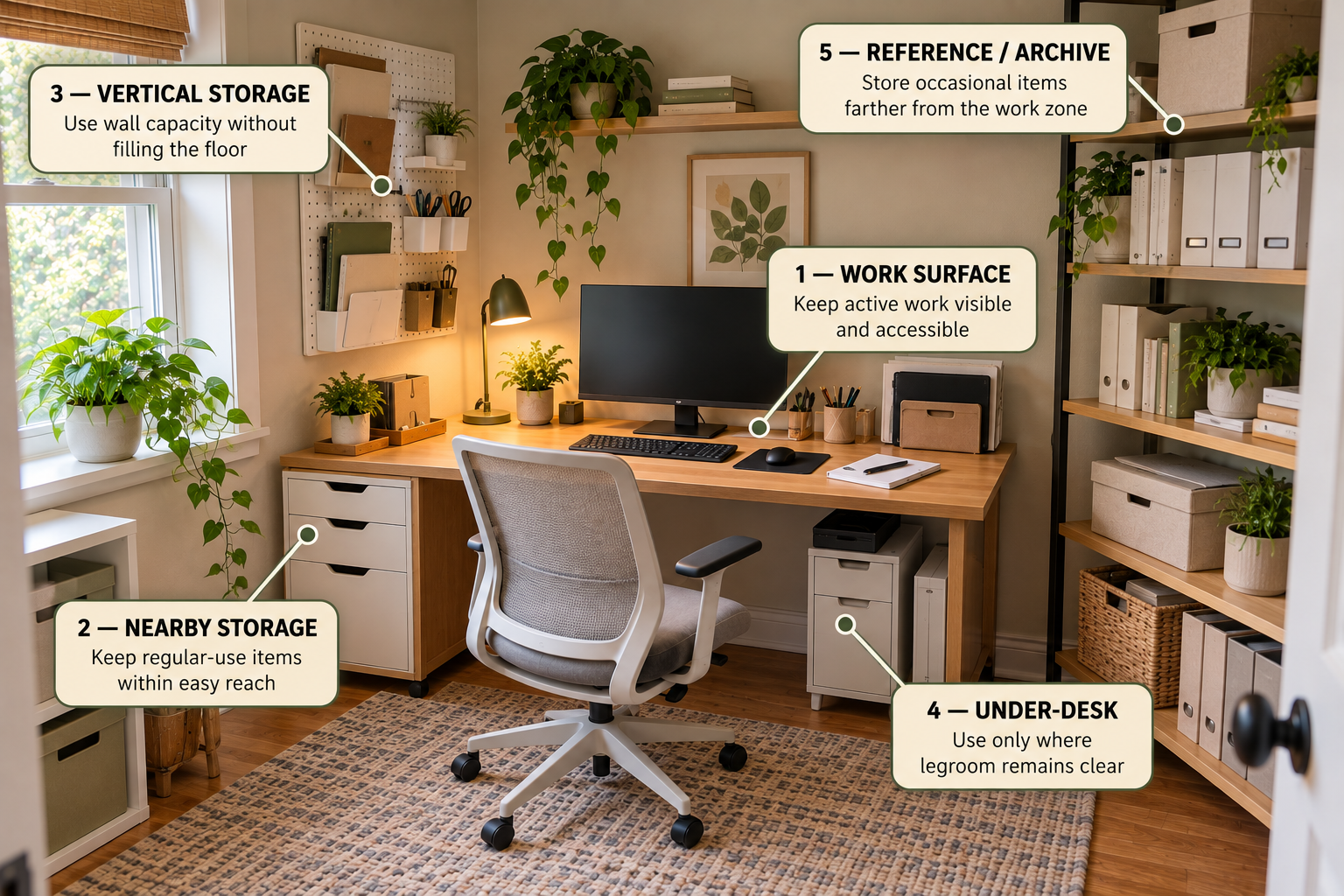 Small home office divided into work surface, nearby storage, vertical storage, under-desk, and archive zones