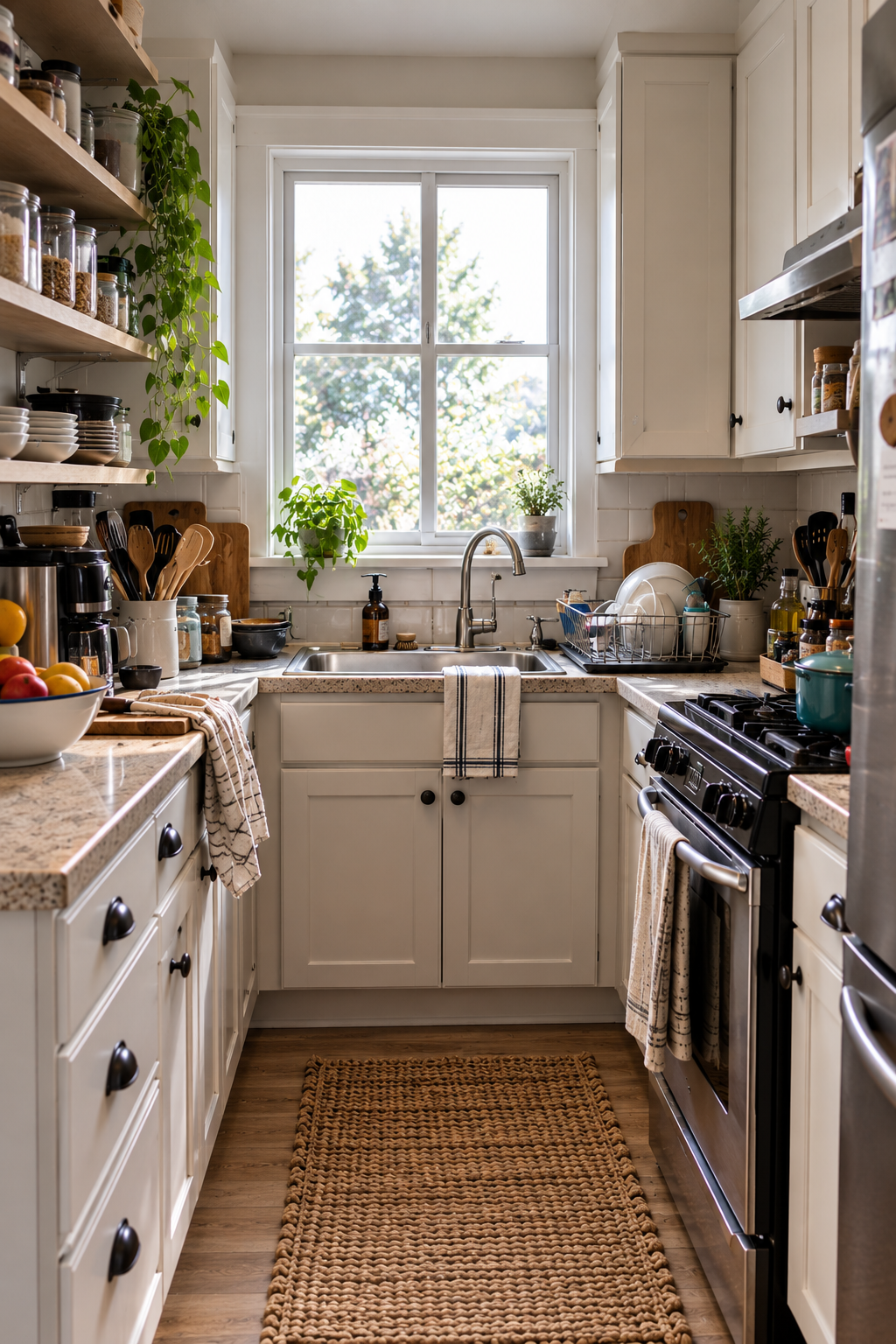 Small kitchen with limited counter and cabinet space ready to be organized