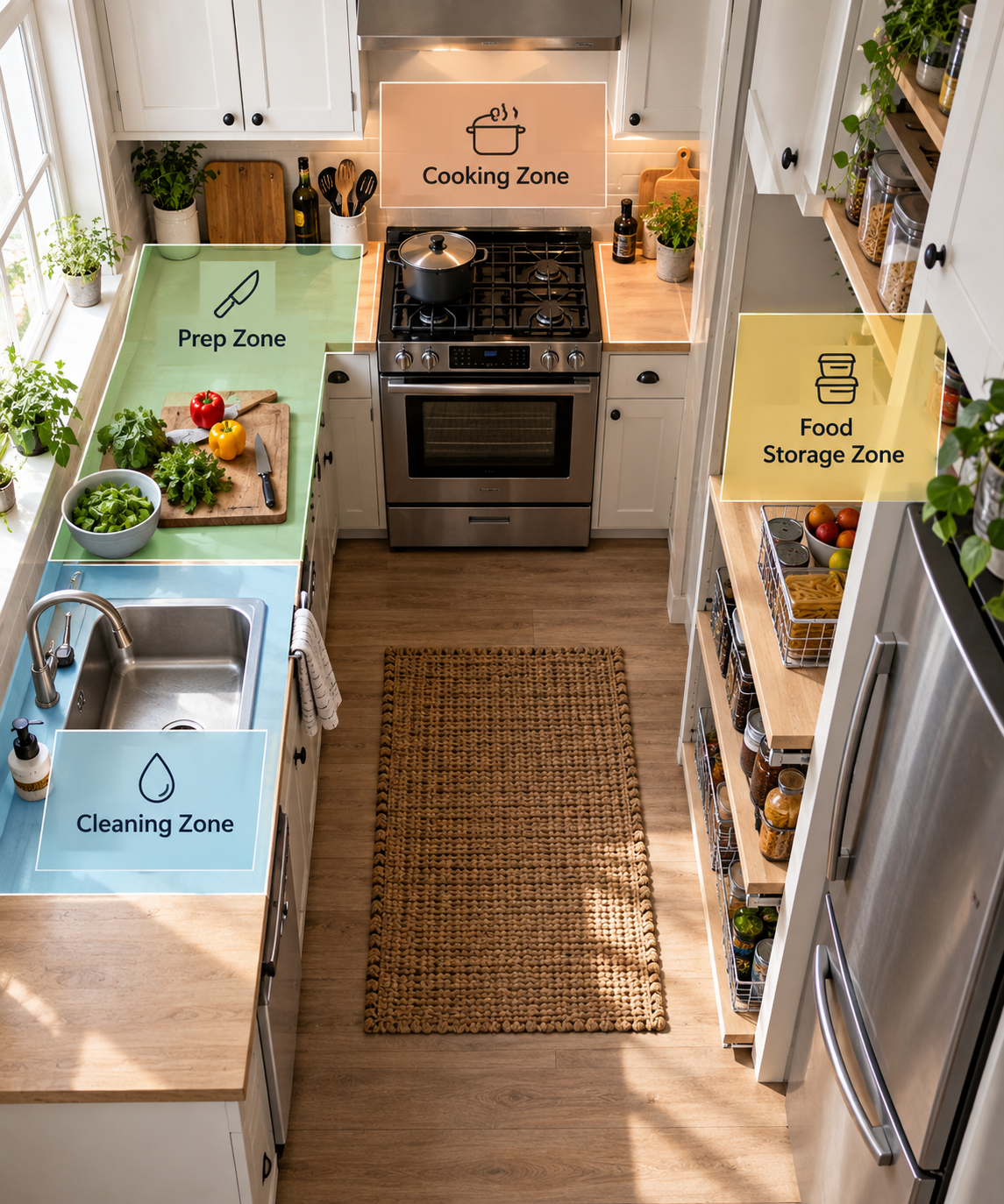Small kitchen organized into prep, cooking, cleaning, and food storage zones