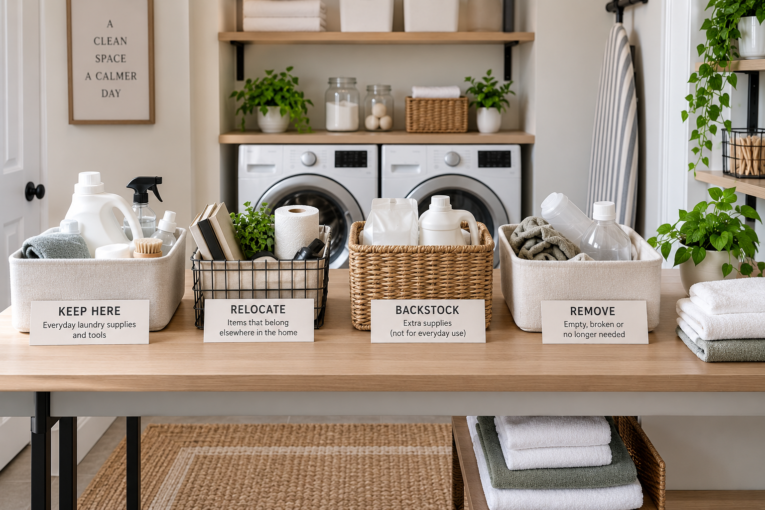 Laundry supplies sorted into keep here, relocate, back-stock, and remove groups during a small laundry room organization audit