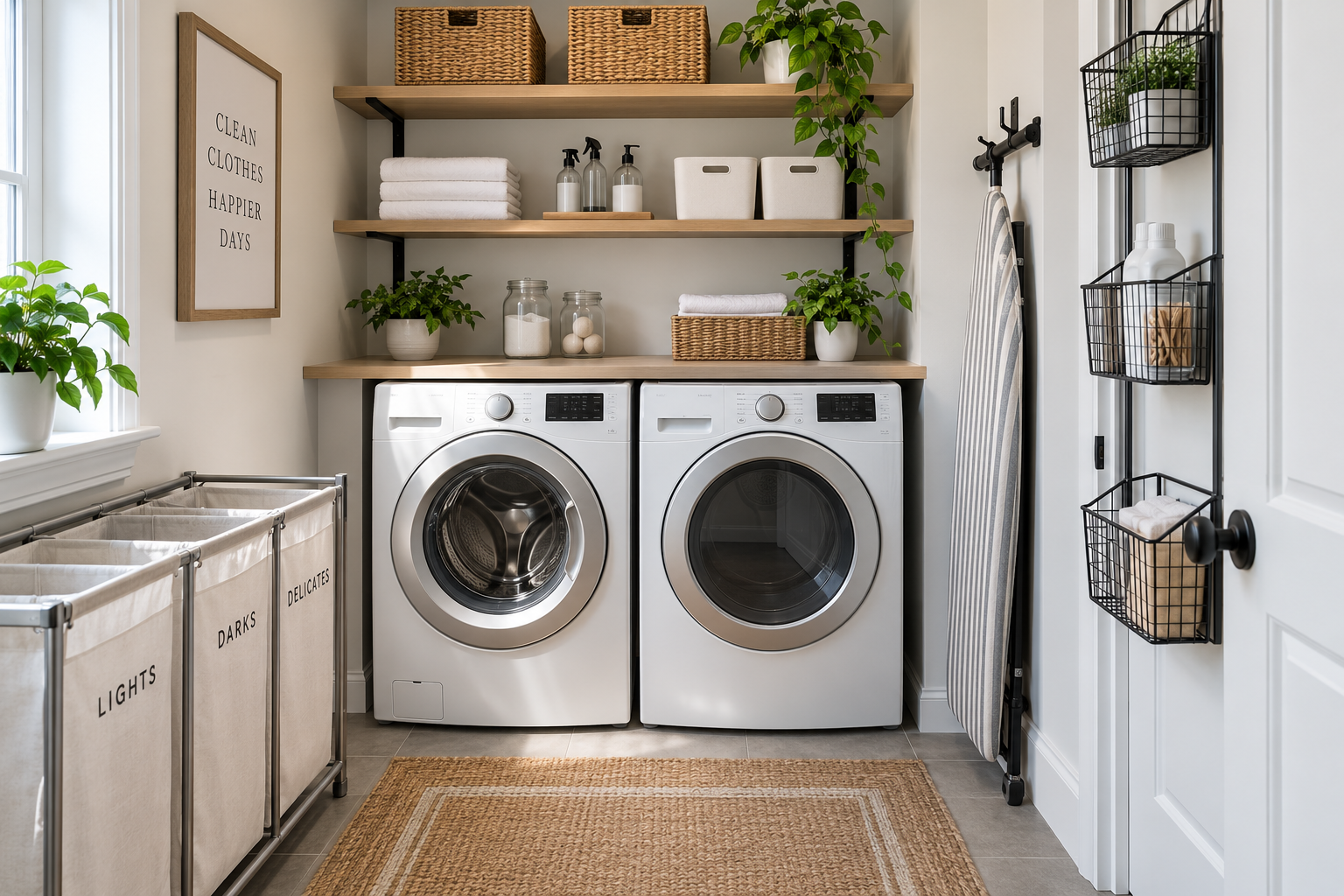 Organized small laundry room with practical zones for laundry supplies, sorting, drying, and storage