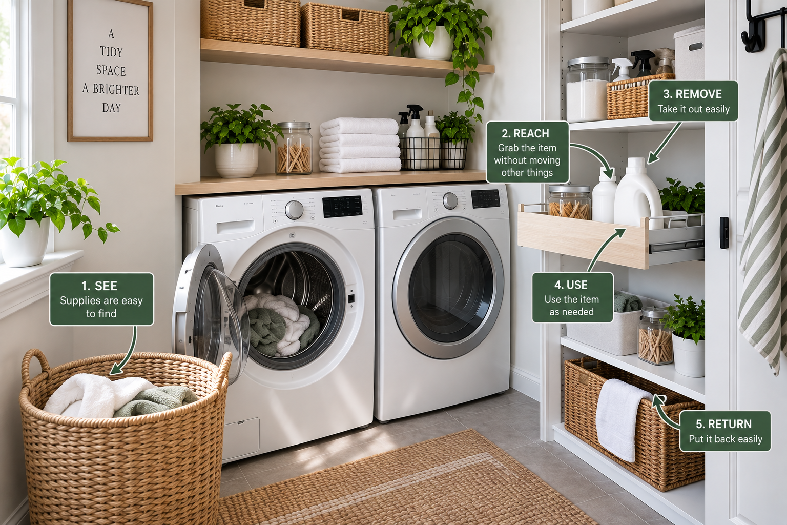 Small laundry room arranged for easy retrieval and return of everyday laundry supplies