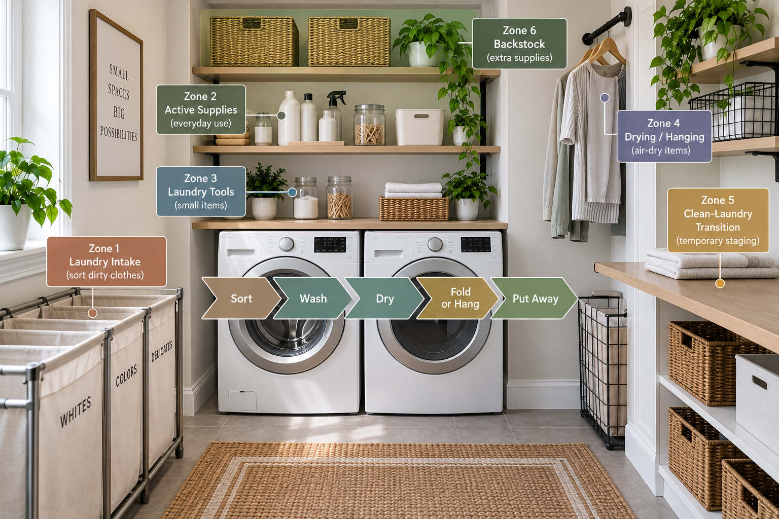 Small laundry room organized into laundry intake, active supplies, tools, drying, clean-laundry transition, and back-stock zones