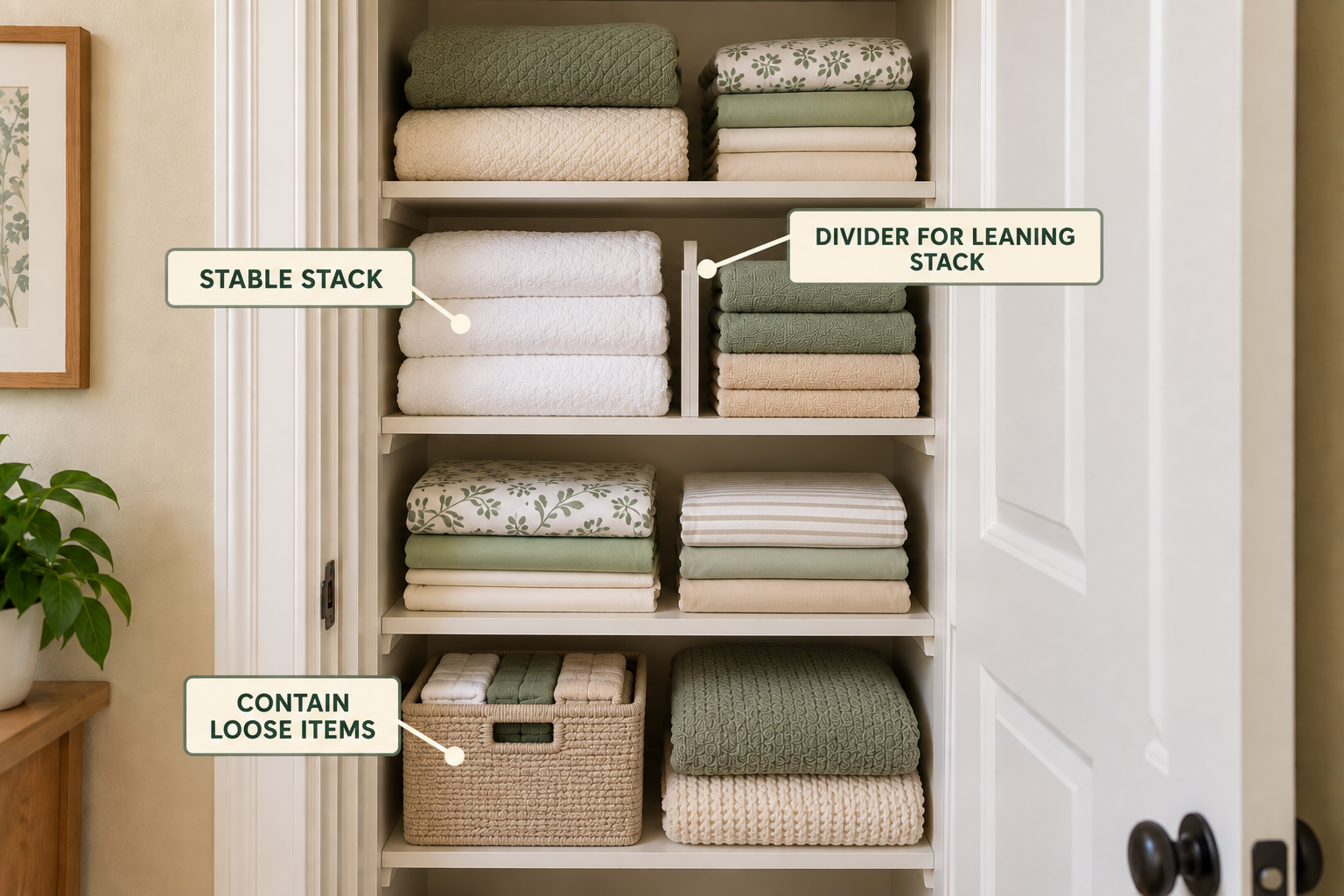 Small linen closet using shelf dividers and a compact bin only where they improve storage access