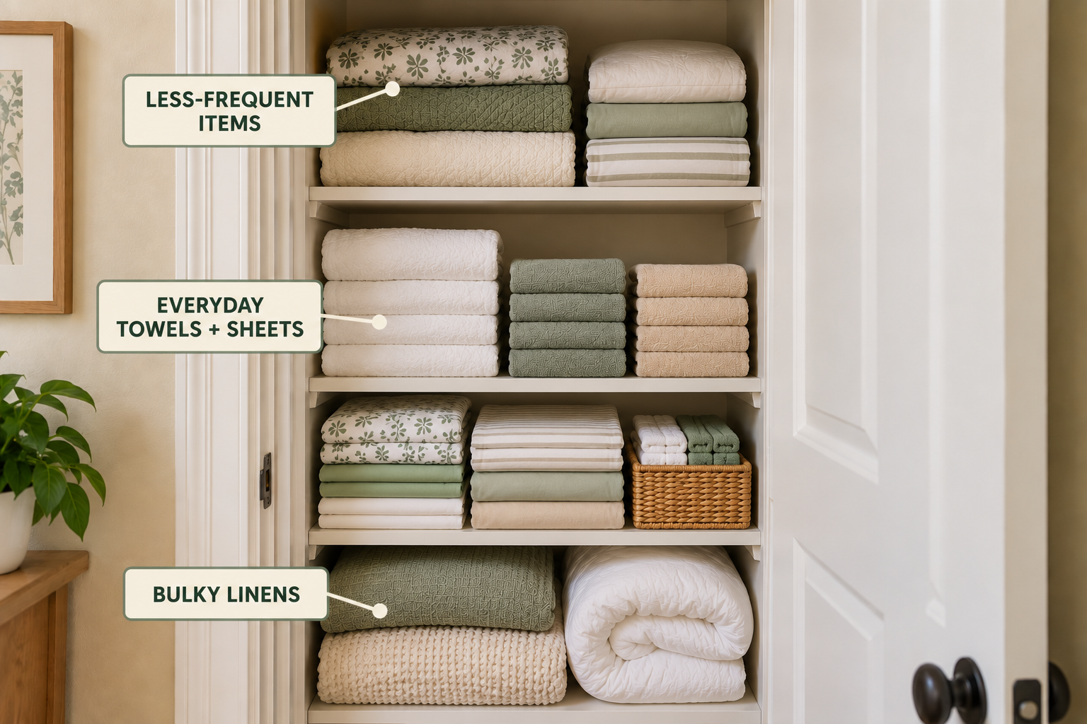 Small linen closet divided into everyday, backup, and bulky linen storage zones