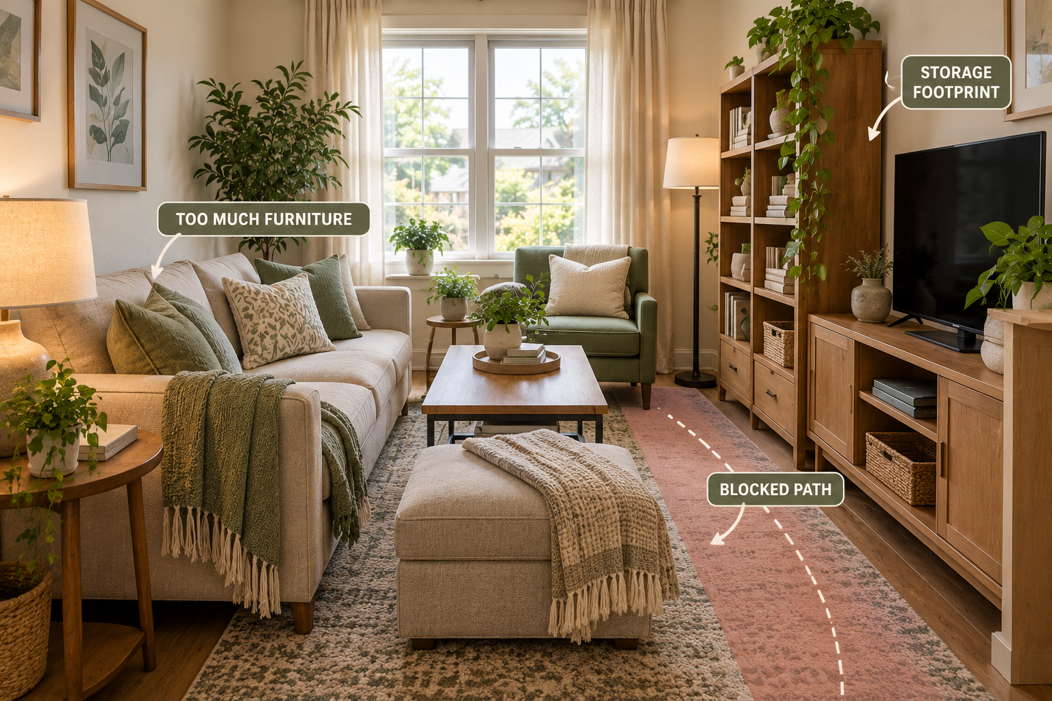 Small living room showing how excess furniture and storage can crowd usable floor space
