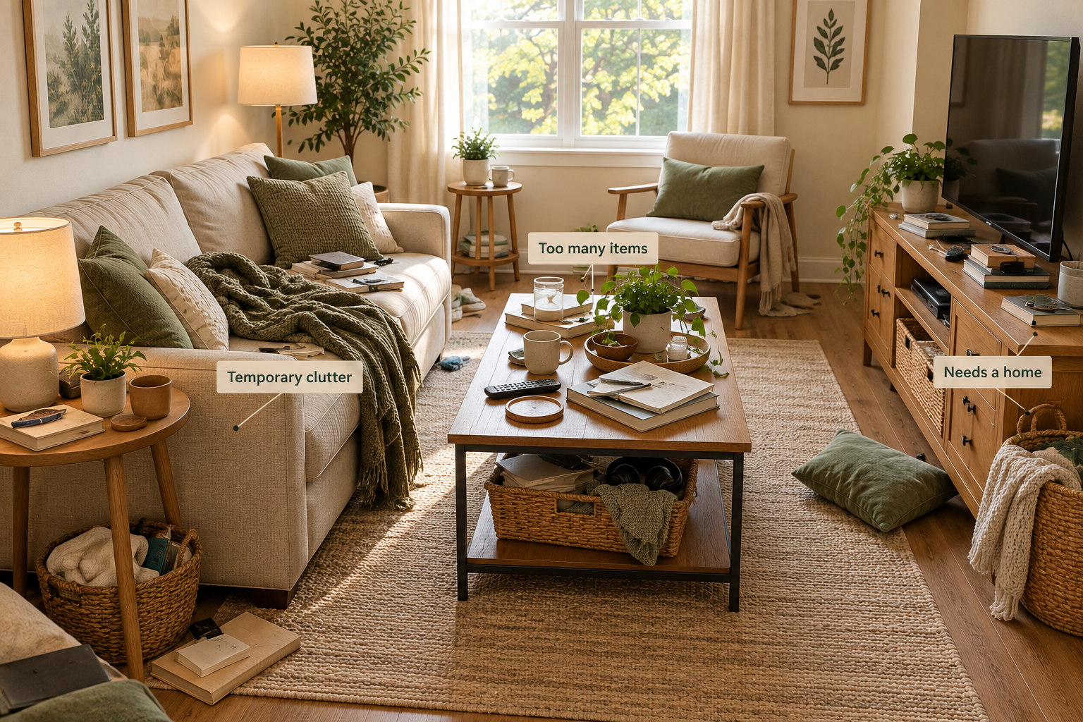 Small living room showing everyday clutter and items that need organizing