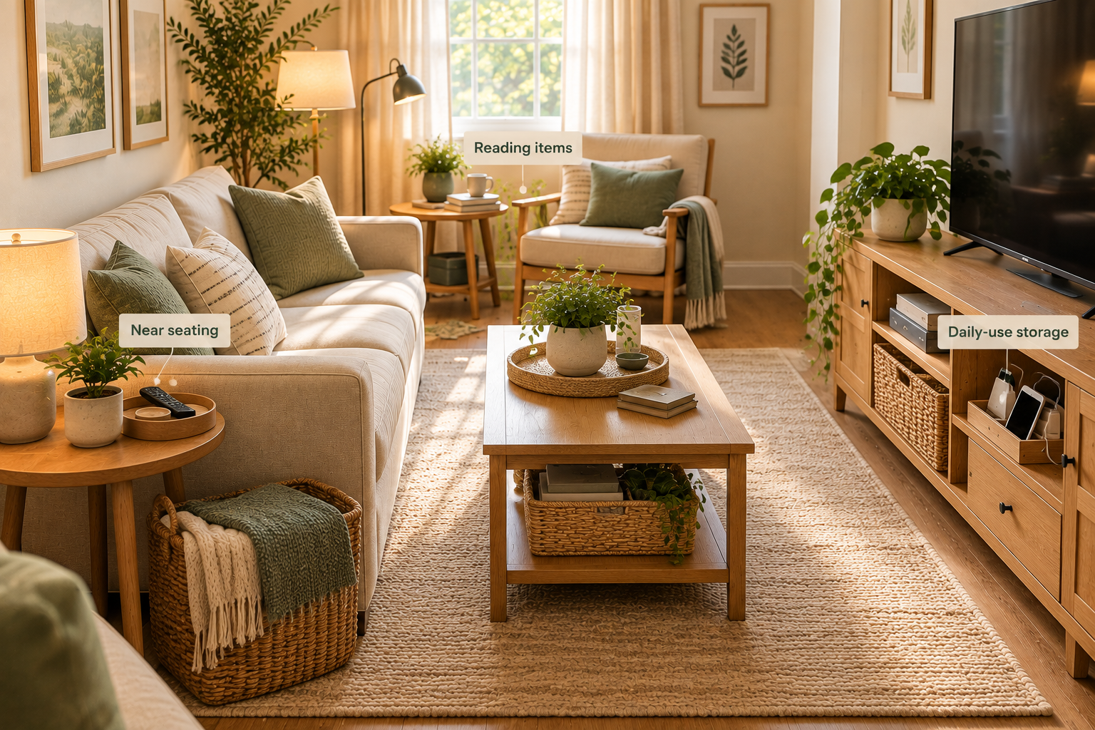 Small living room with everyday items stored near the places where they are used