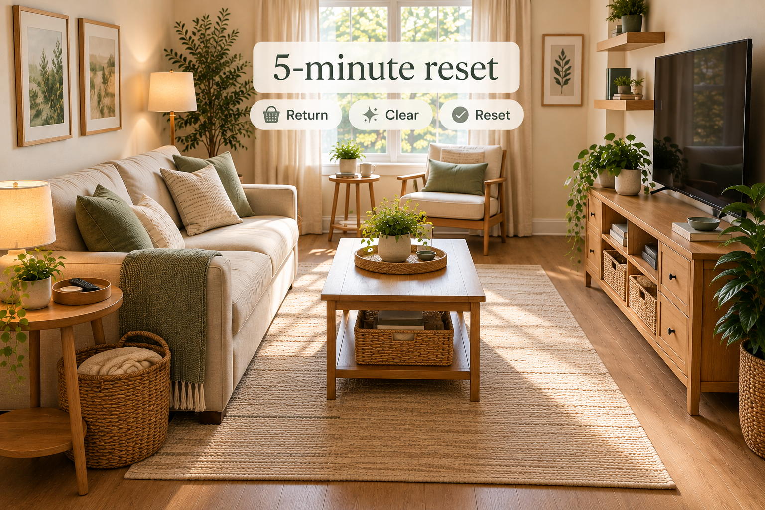 Organized small living room ready for an easy daily reset