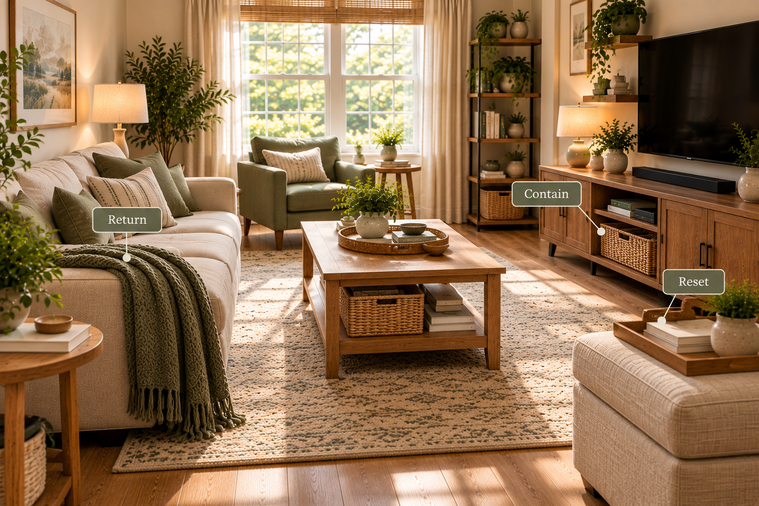 Simple reset system keeping a small living room organized without built-in storage