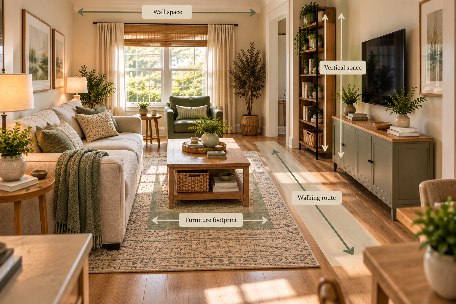 Small living room showing how to assess available storage and walking space