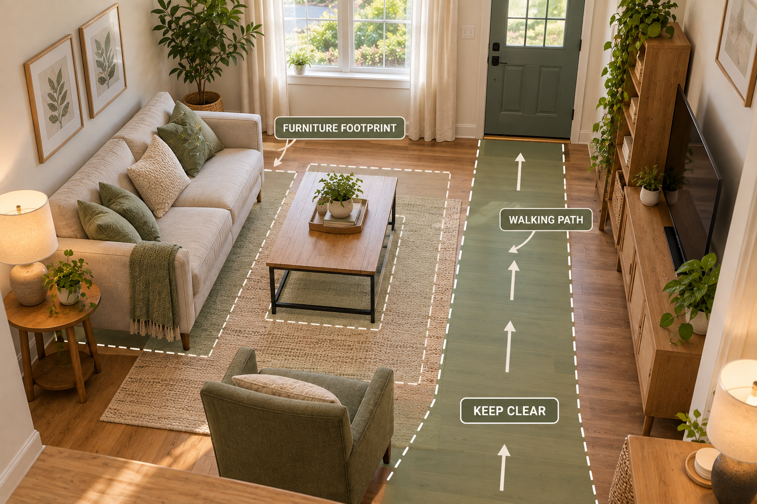 Small living room layout showing furniture footprints and a protected walking path