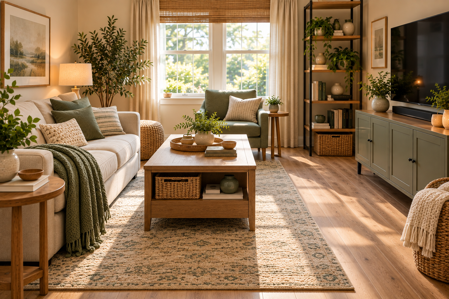 Small living room organized with smart hidden storage and minimal furniture
