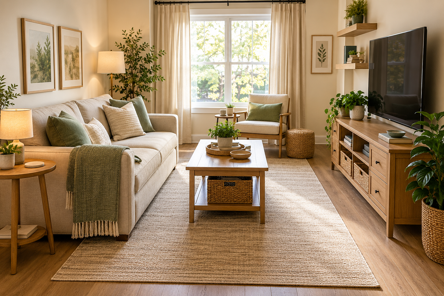 Organized small living room with practical furniture layout and clear walking space