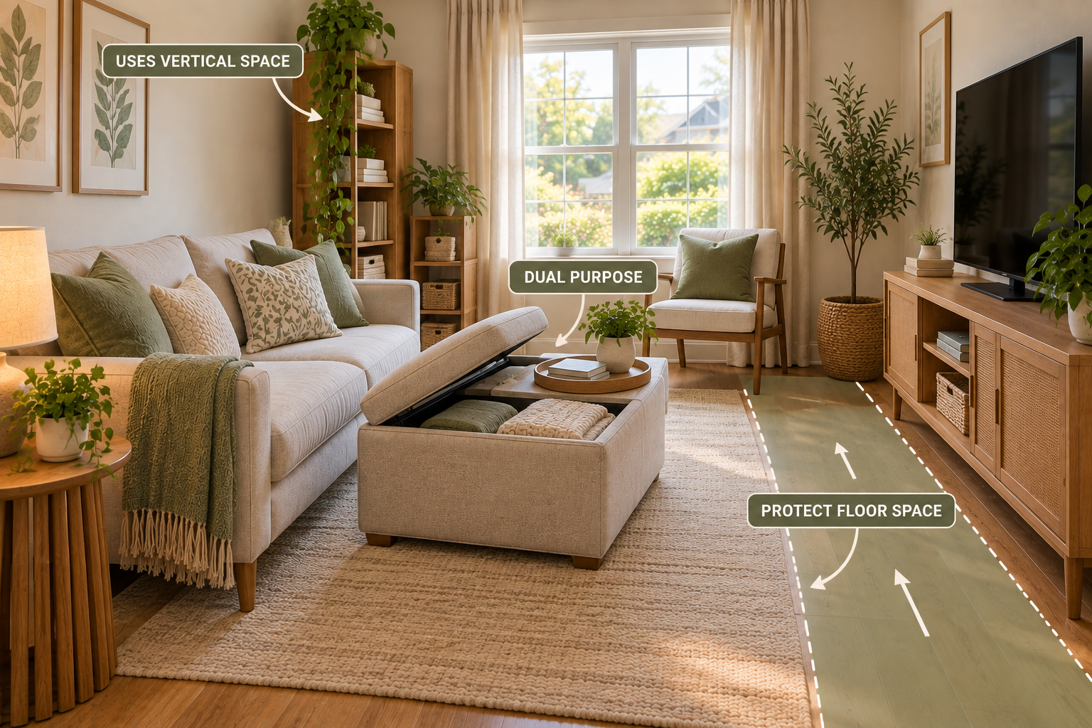 Small living room using compact and space-efficient storage without blocking the floor or walking path