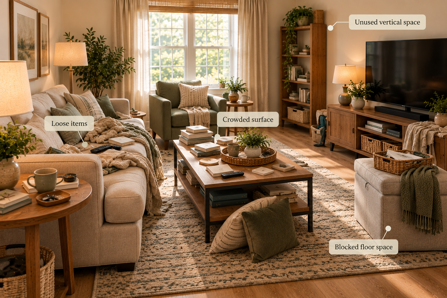 Small living room showing common storage problems and cluttered surfaces