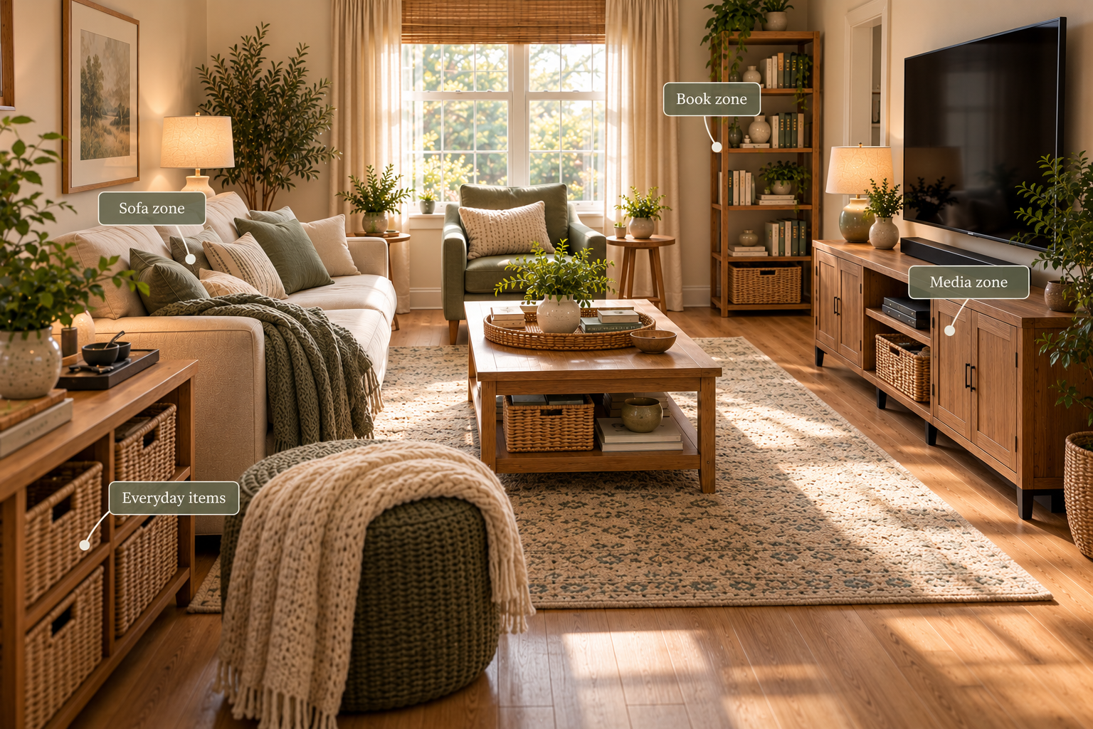 Small living room organized into practical storage zones for everyday activities