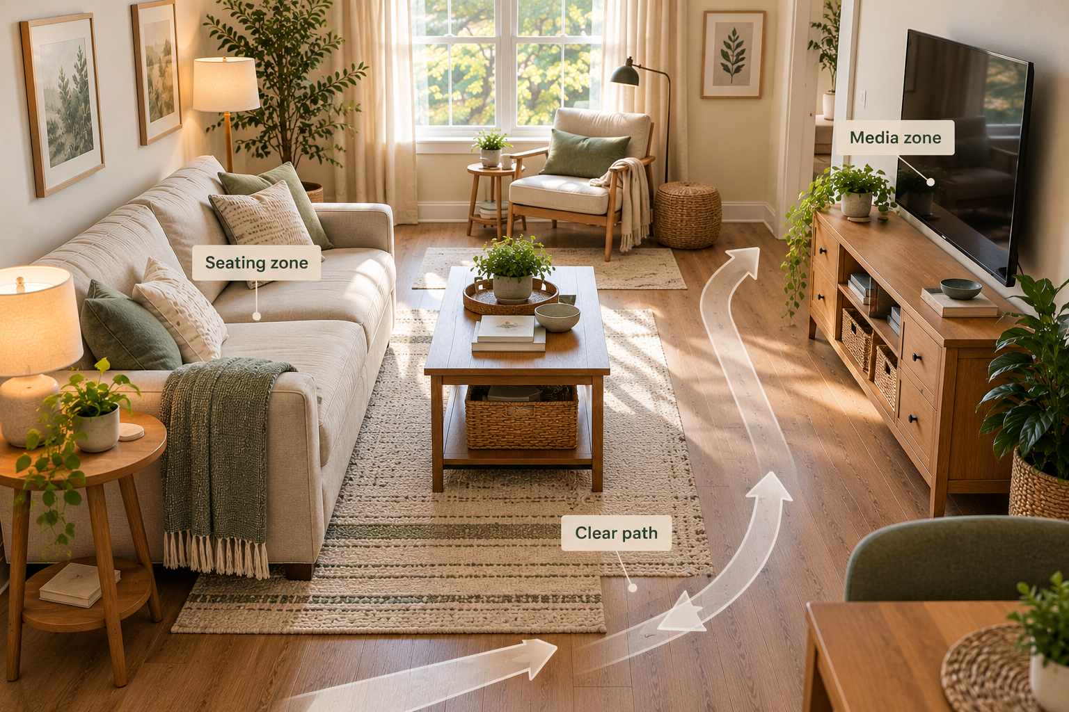 Small living room arranged into clear activity zones with unobstructed walking paths