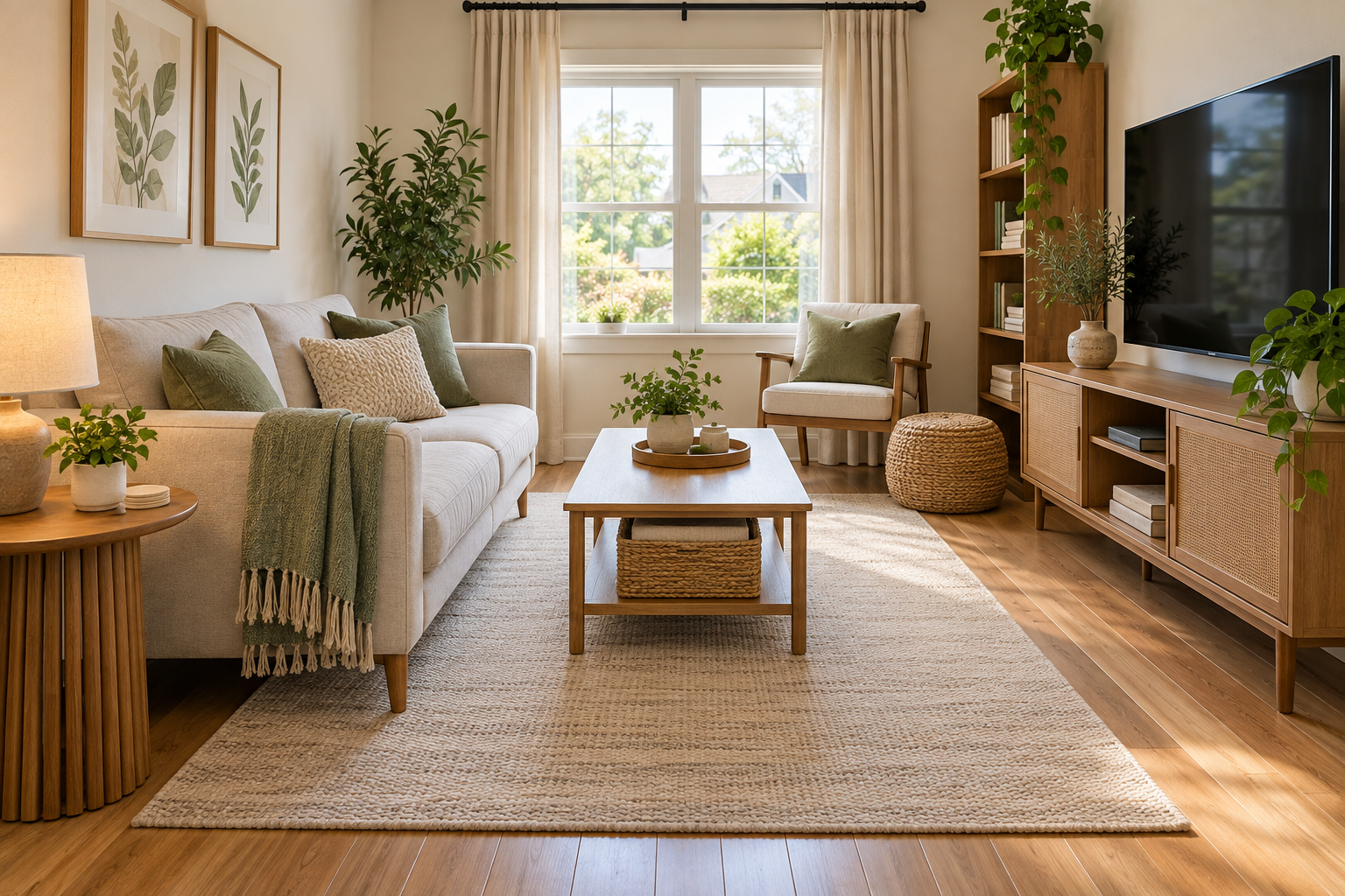 Small living room organized with open floor space, appropriately scaled furniture, and clear walking paths