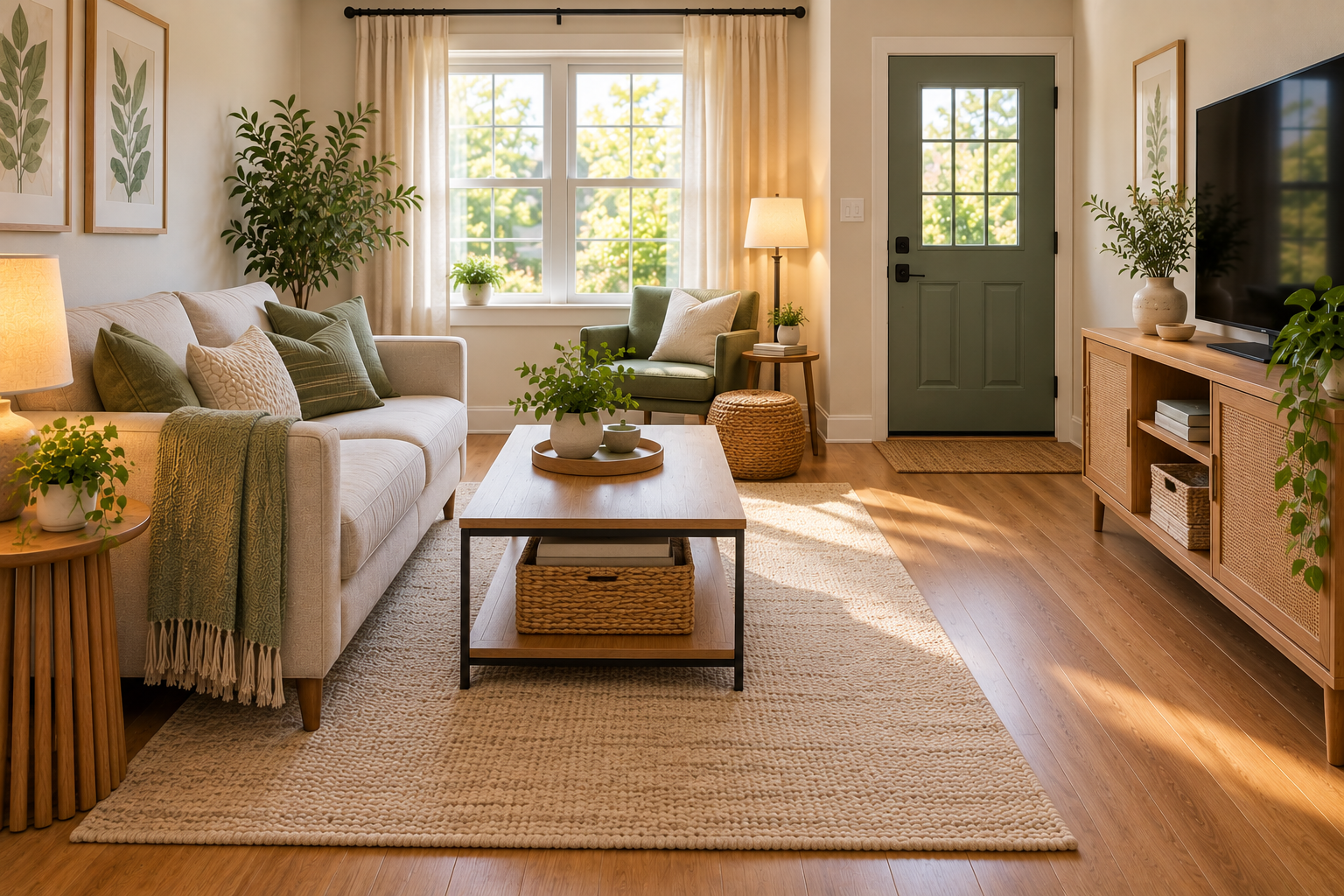 Finished small living room with clear circulation, restrained furniture, and practical organized storage