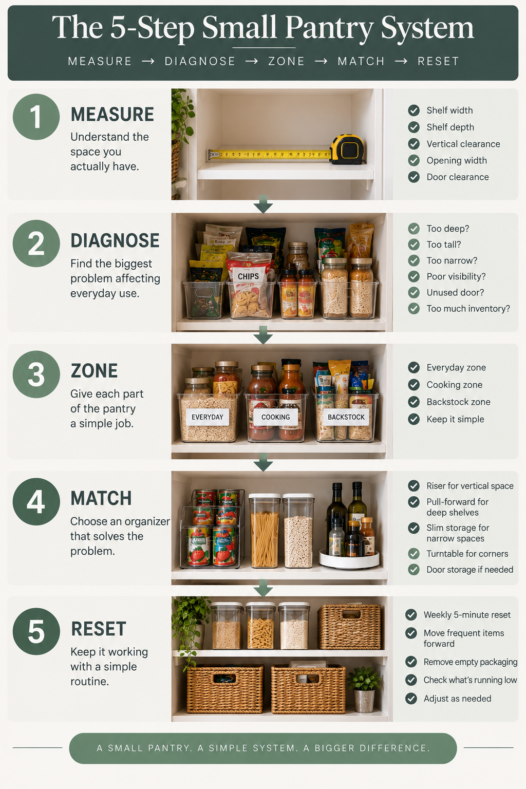 Five-step small pantry organization system showing measure, diagnose, zone, match, and reset